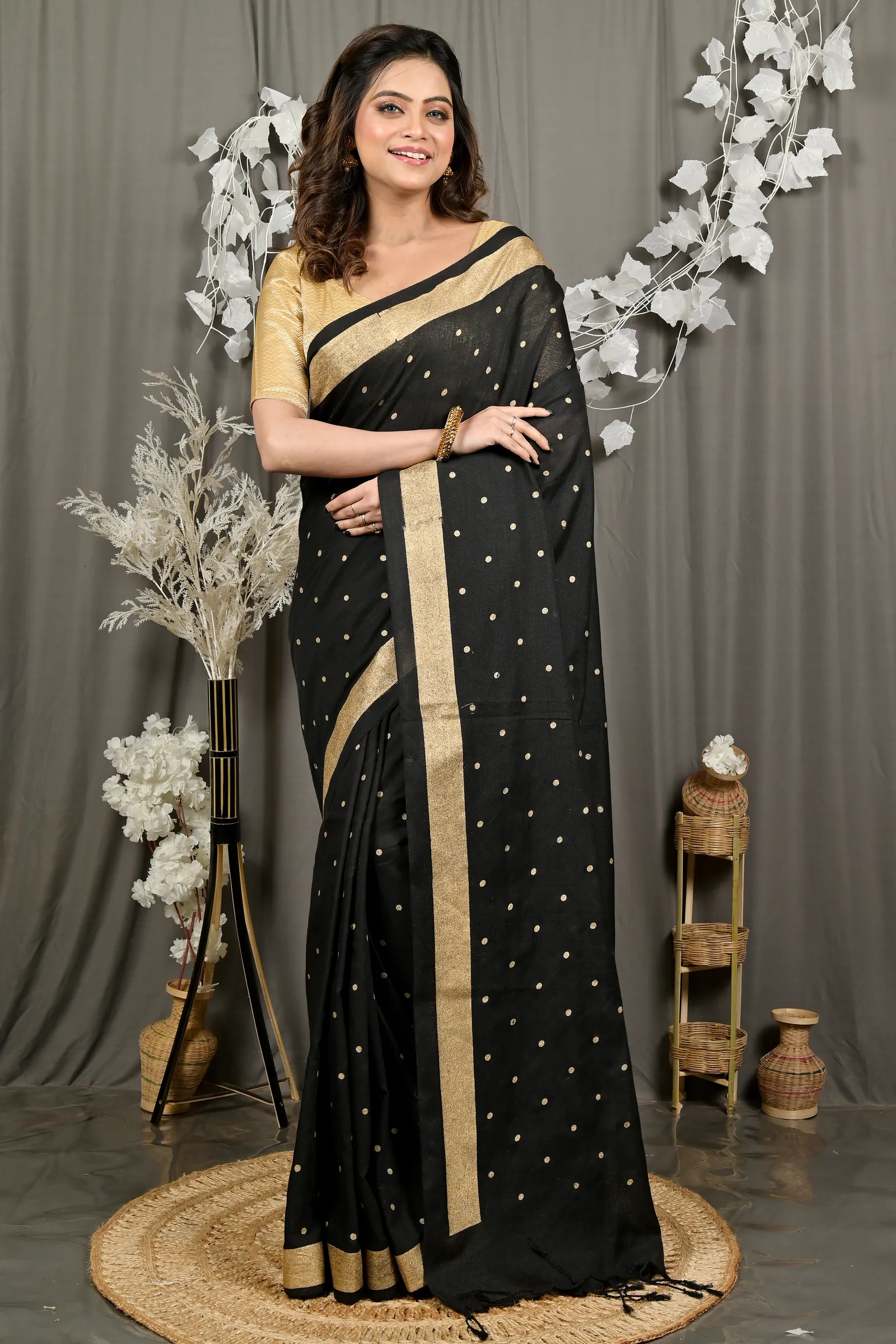 DipDiya Pure Cotton Black Foyma Threads of Tradition Printed Tant Sarees