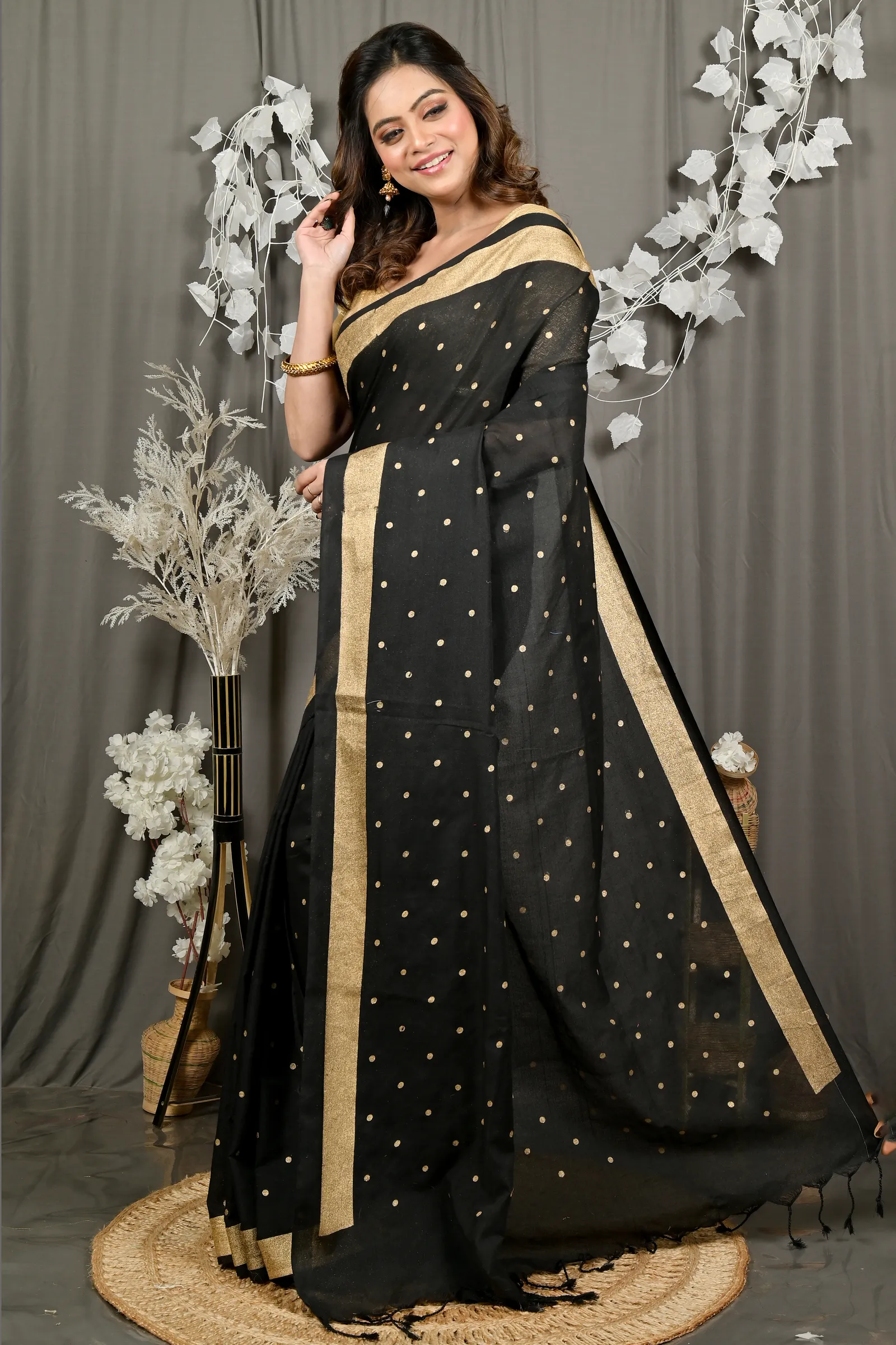 DipDiya Pure Cotton Black Foyma Threads of Tradition Printed Tant Sarees