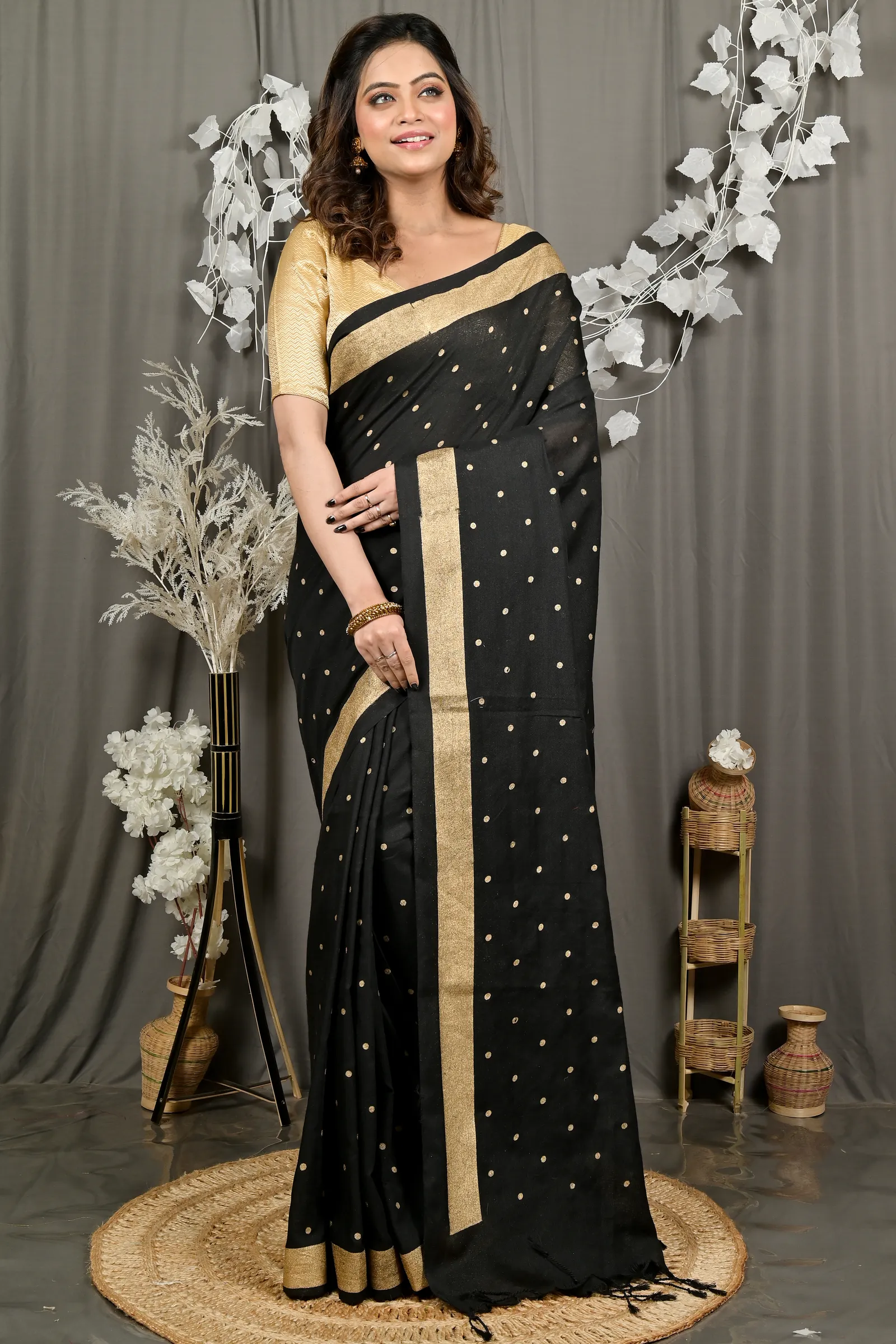 DipDiya Pure Cotton Black Foyma Threads of Tradition Printed Tant Sarees