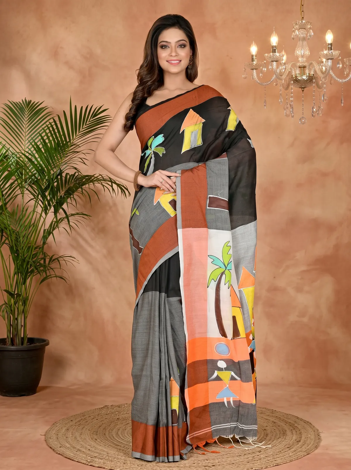 DipDiya Pure Cotton Black Grey Khadaka Kousiki Handcrafted Elegance Hand Painted Sarees