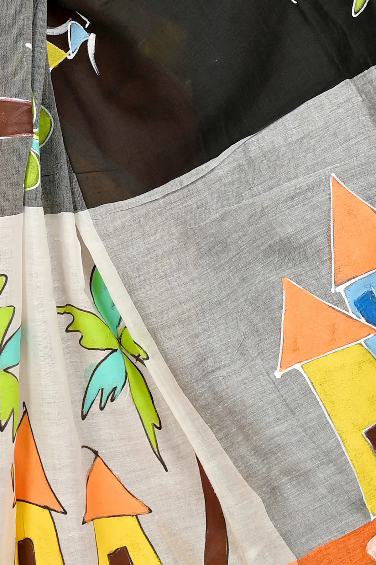DipDiya Pure Cotton Black Grey Khadaka Kousiki Handcrafted Elegance Hand Painted Sarees