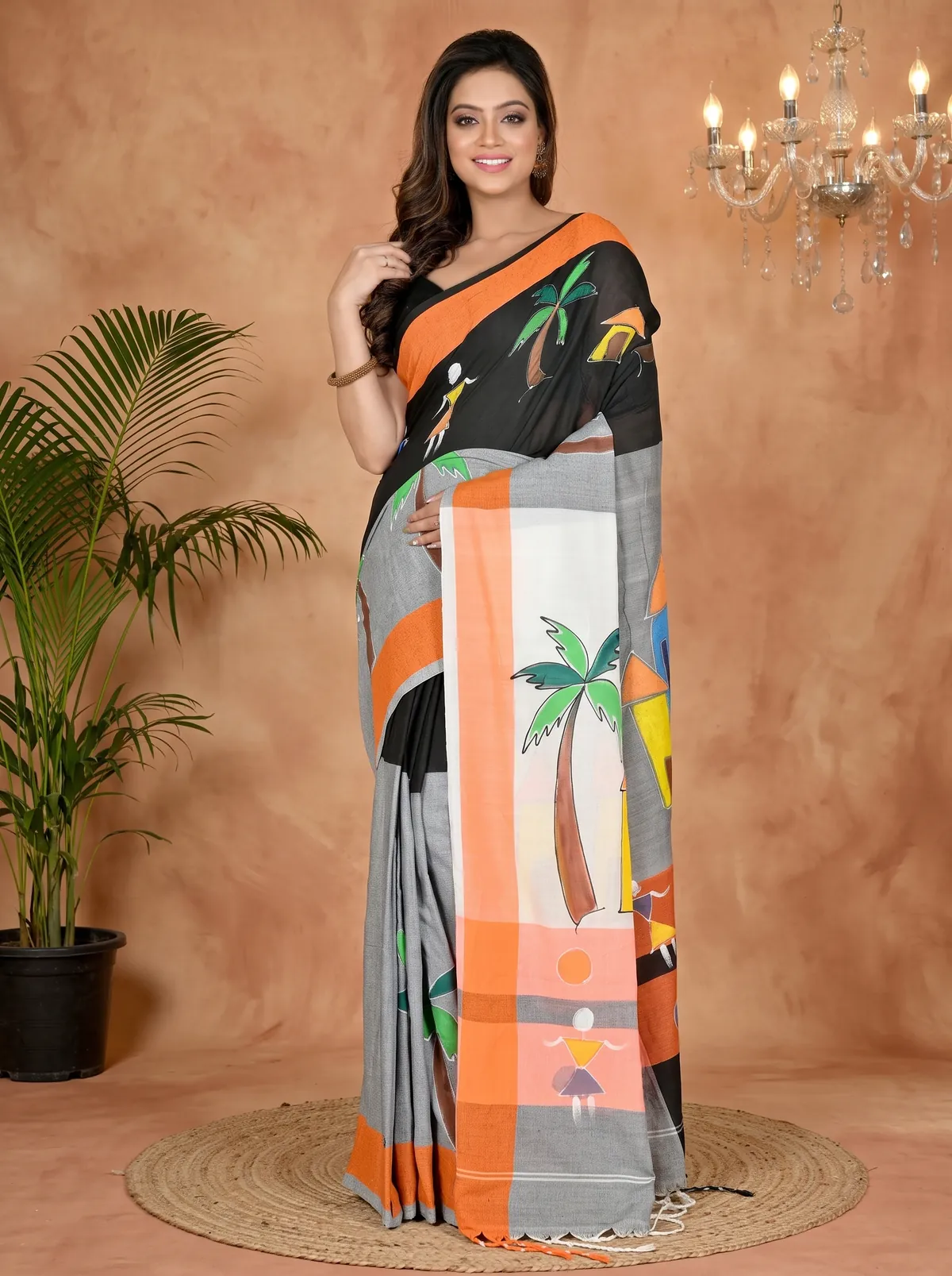 DipDiya Pure Cotton Black Grey Khadaka Kousiki Handloom Heritage Hand Painted Sarees