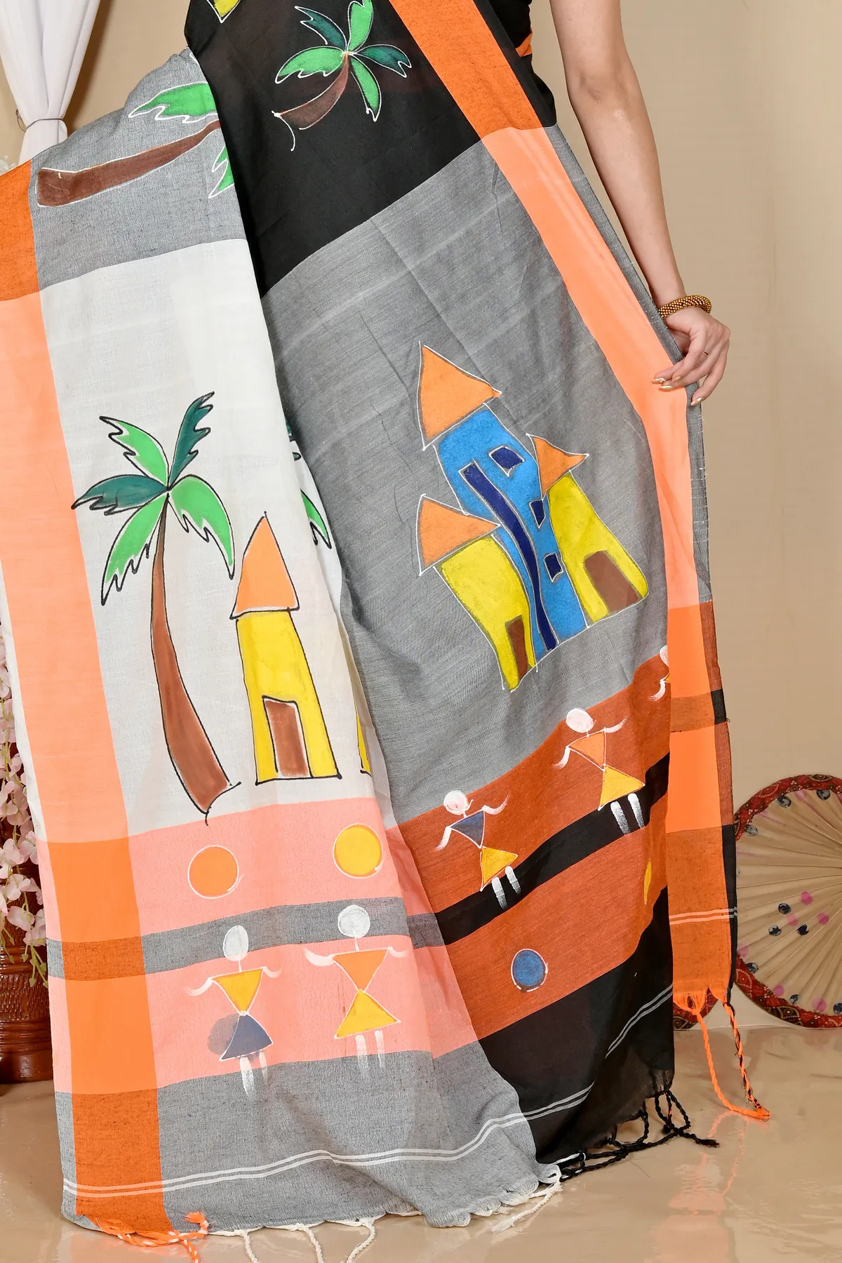 DipDiya Pure Cotton Black Grey Khadaka Kousiki Handloom Heritage Hand Painted Sarees