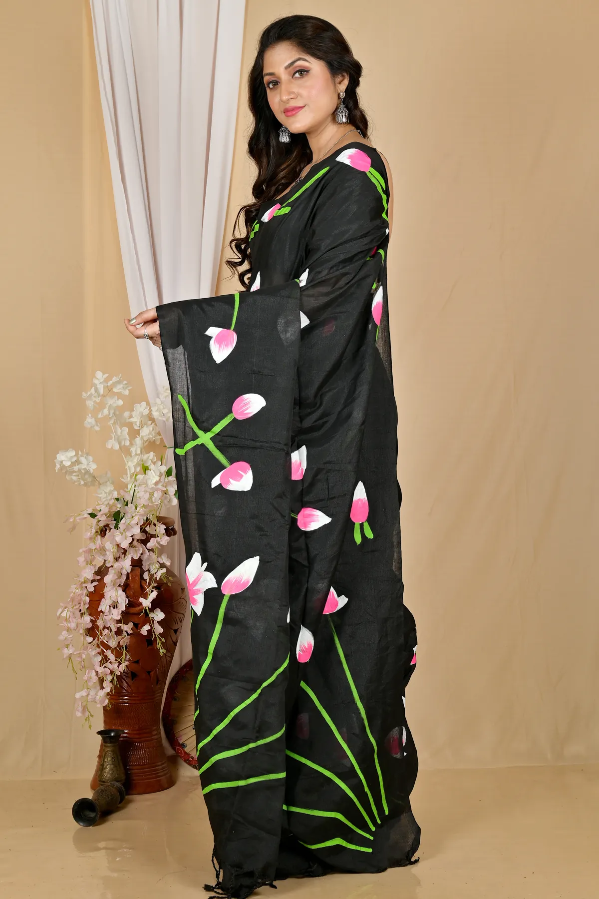 DipDiya Pure Cotton Black Kamal The Bengali Classic Hand Painted Sarees