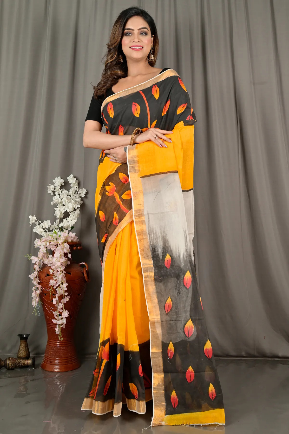 DipDiya Pure Cotton Black Orange Hataka Essence of Bengals Hand Painted Sarees