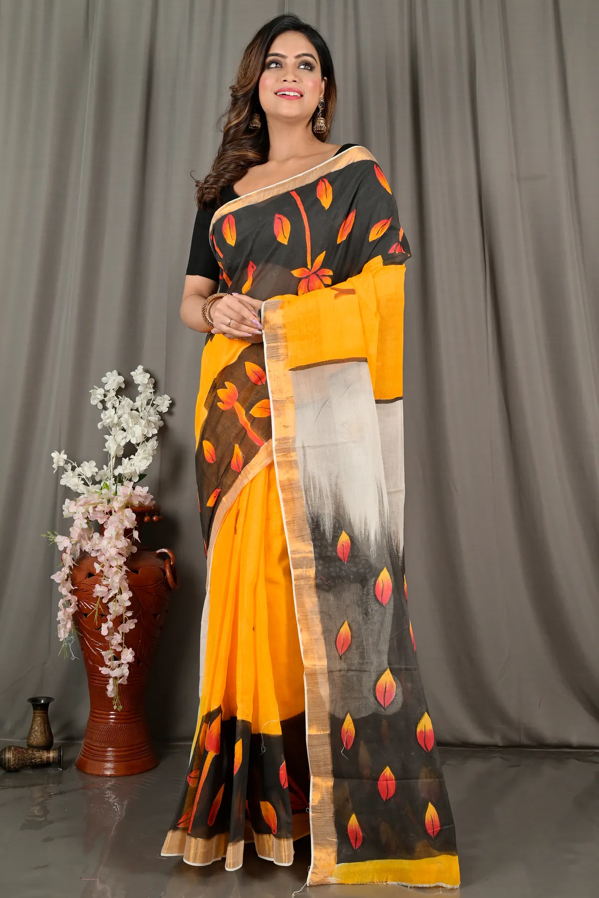 DipDiya Pure Cotton Black Orange Hataka Essence of Bengals Hand Painted Sarees