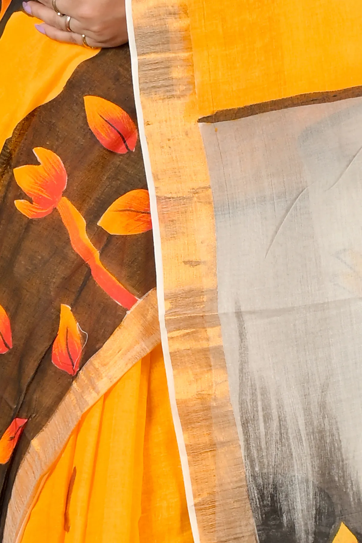 DipDiya Pure Cotton Black Orange Hataka Essence of Bengals Hand Painted Sarees