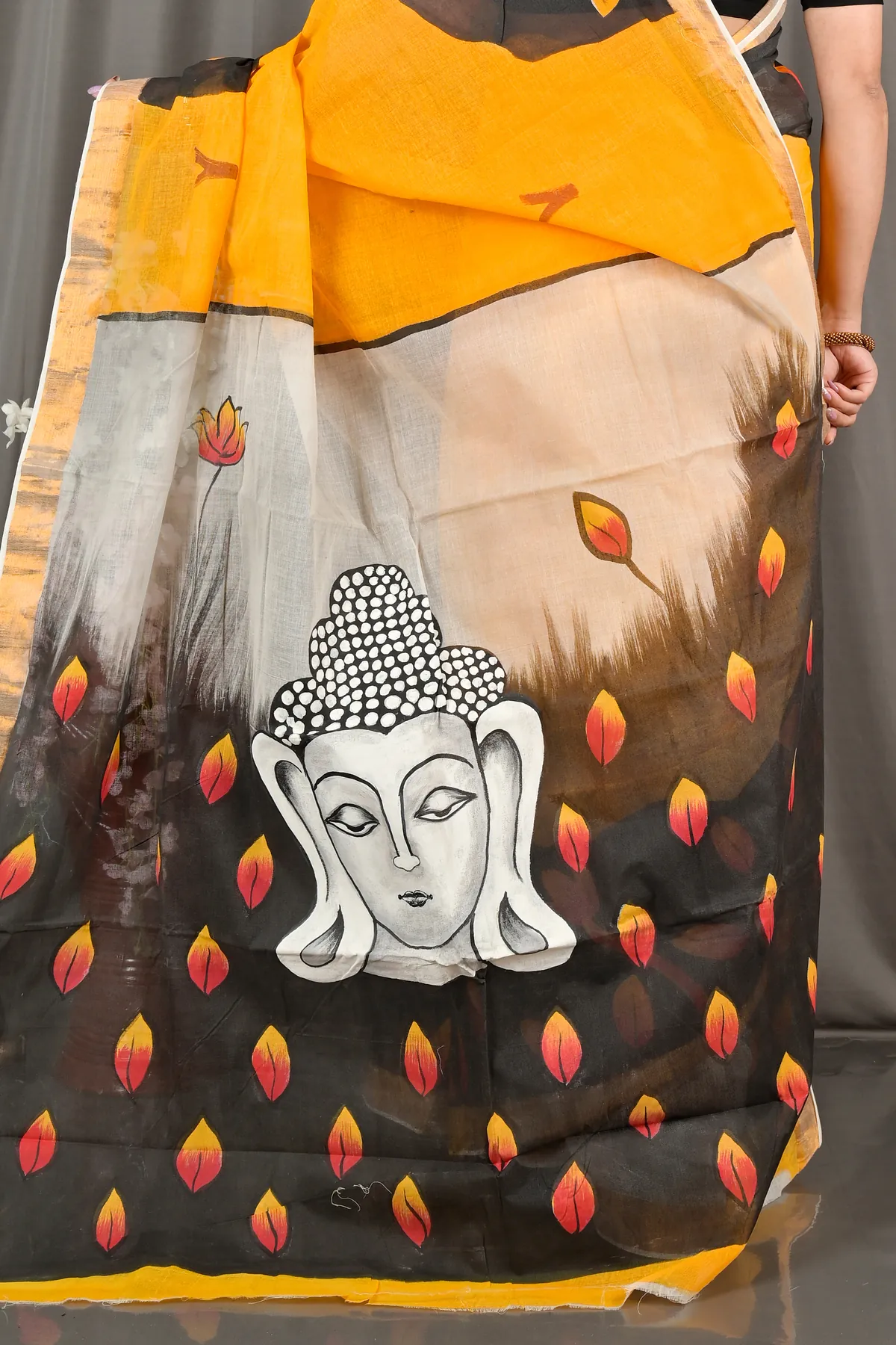 DipDiya Pure Cotton Black Orange Hataka Essence of Bengals Hand Painted Sarees