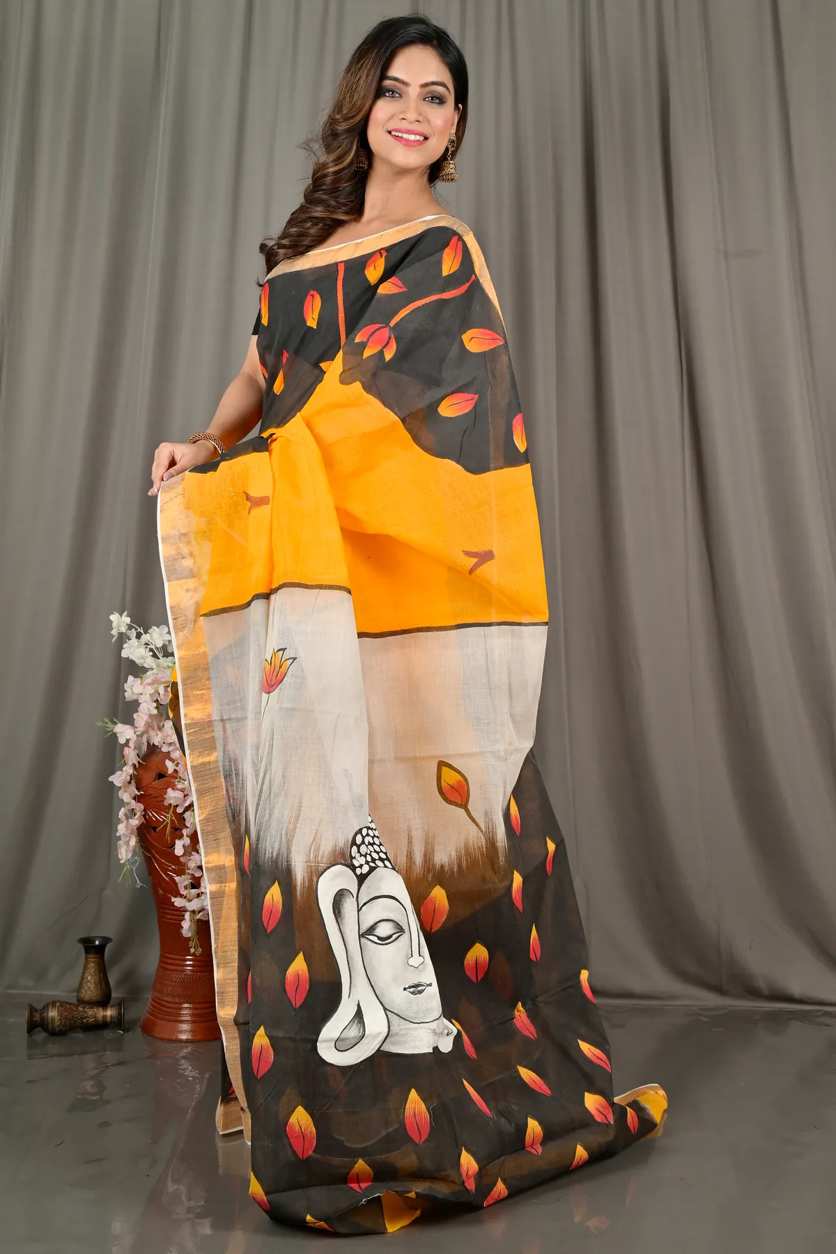 DipDiya Pure Cotton Black Orange Hataka Essence of Bengals Hand Painted Sarees