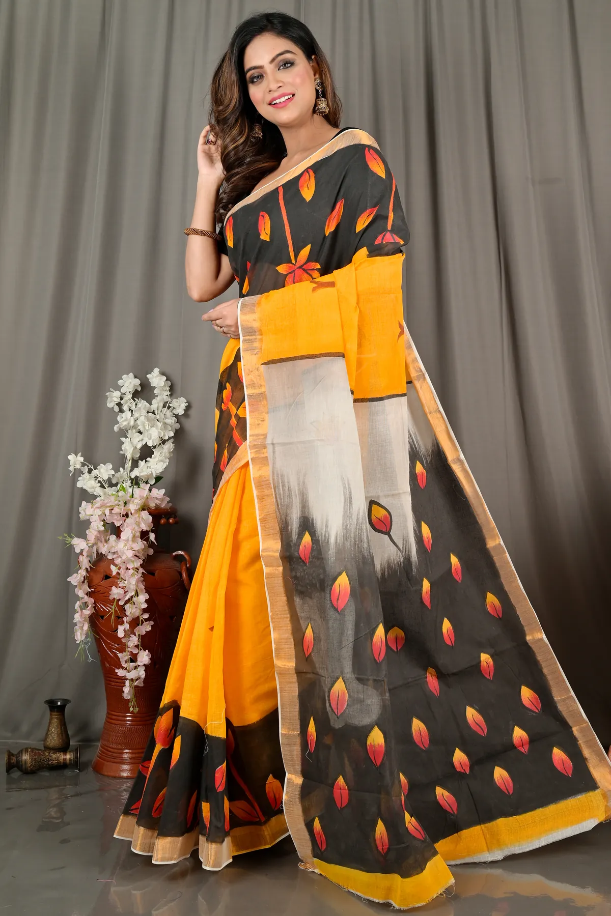 DipDiya Pure Cotton Black Orange Hataka Essence of Bengals Hand Painted Sarees