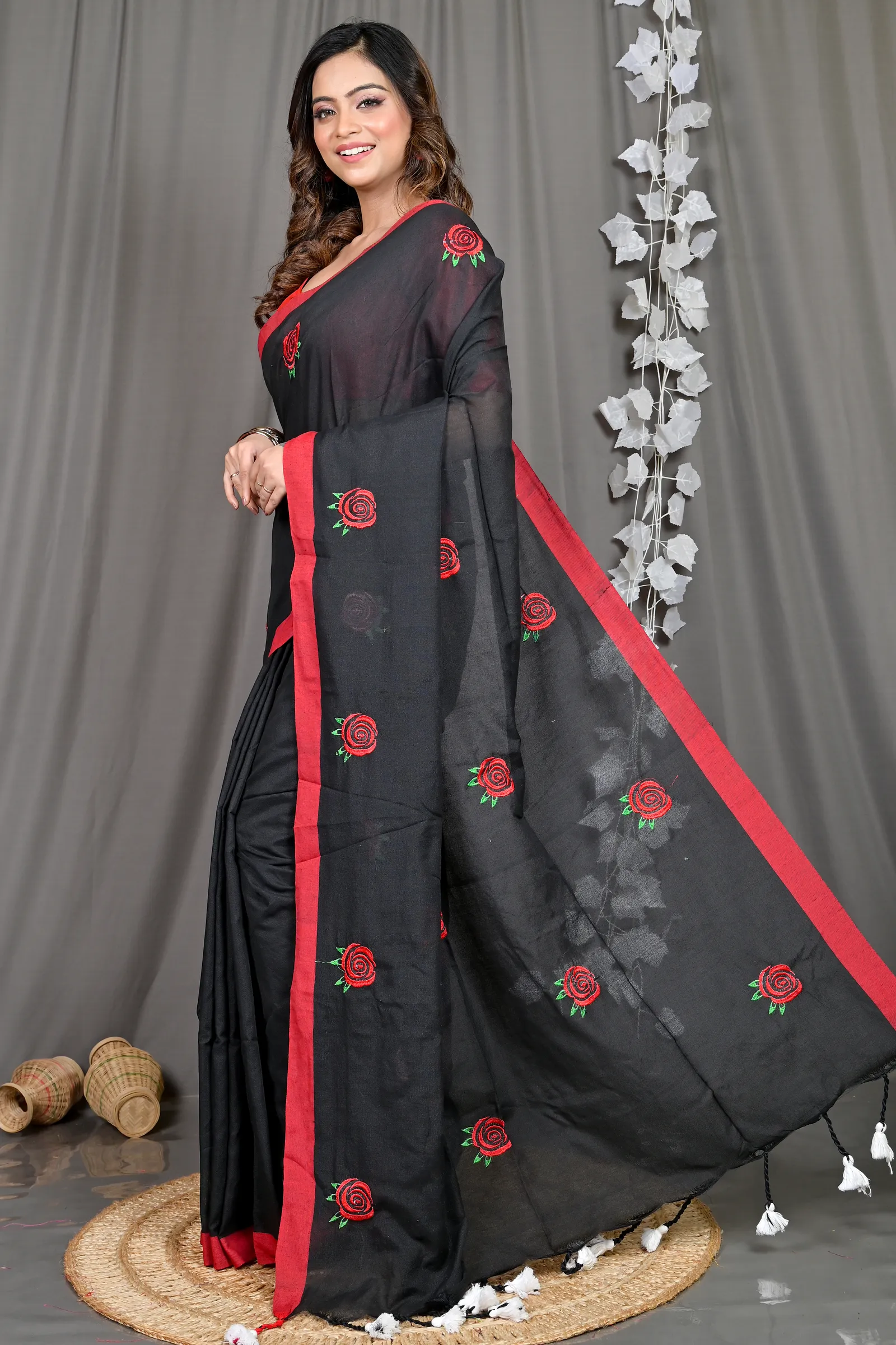 DipDiya Pure Cotton Black Parag Wrapped in Heritage Embroidery Handloom sarees