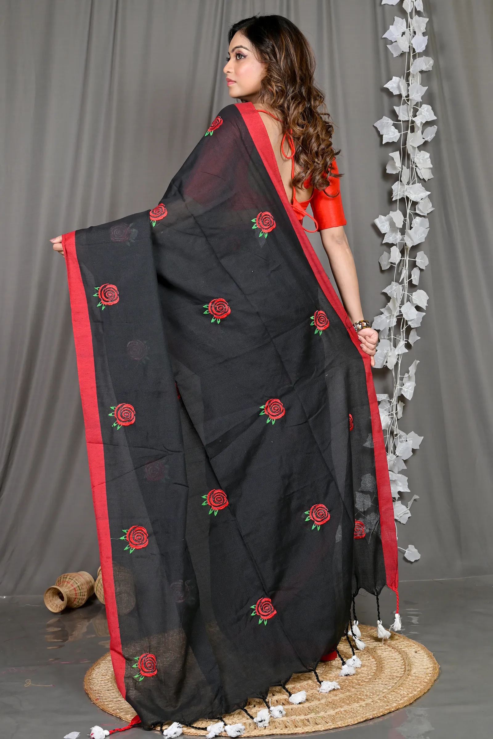 DipDiya Pure Cotton Black Parag Wrapped in Heritage Embroidery Handloom sarees