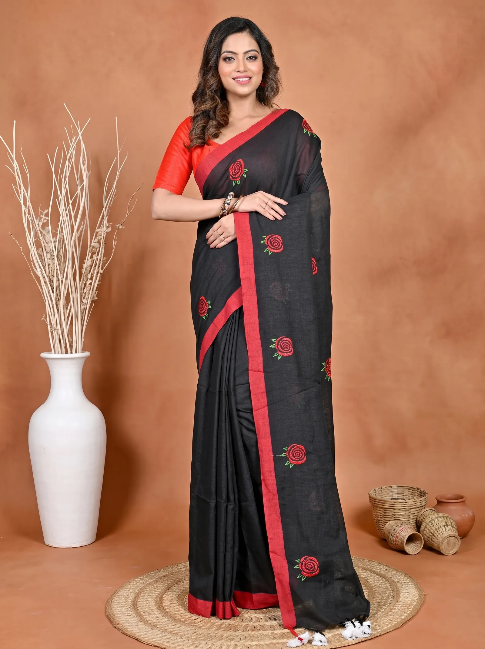 DipDiya Pure Cotton Black Parag Wrapped in Heritage Embroidery Handloom sarees