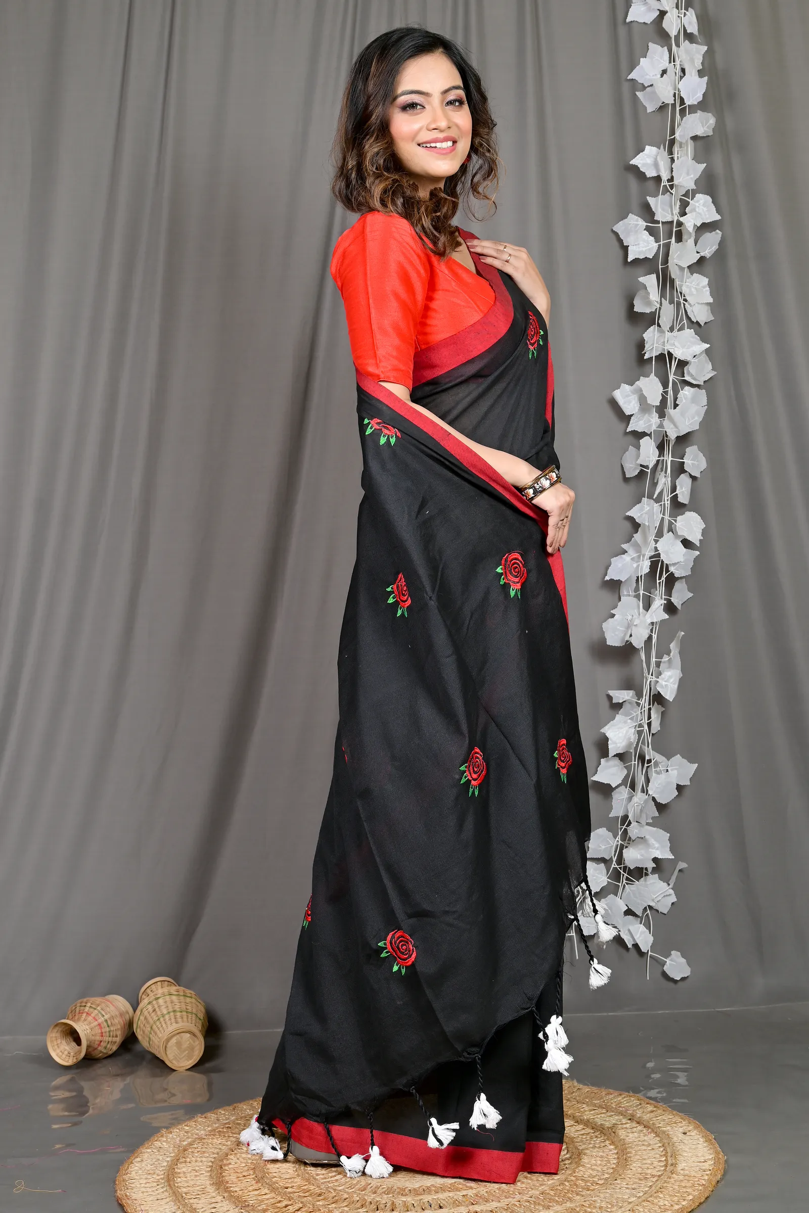 DipDiya Pure Cotton Black Parag Wrapped in Heritage Embroidery Handloom sarees