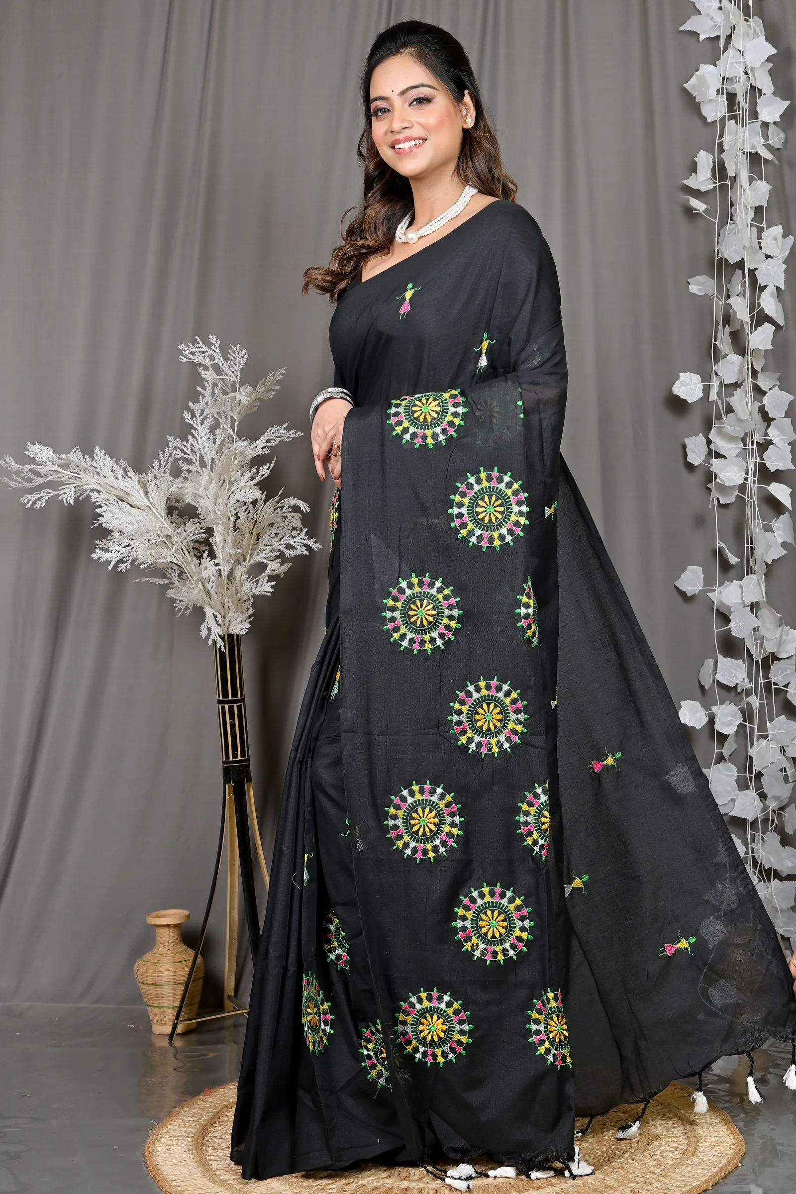 DipDiya Pure Cotton Black Parama The Bengali Classic Embroidery Handloom sarees