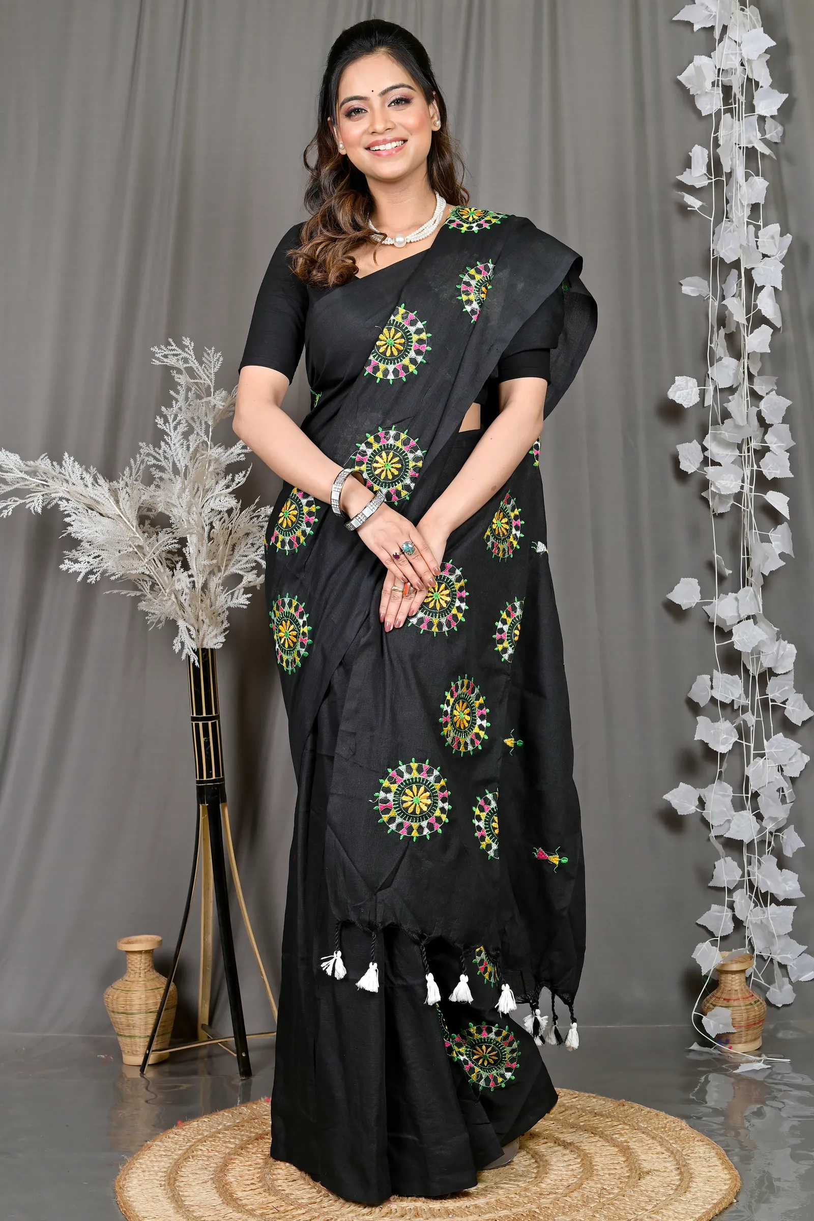 DipDiya Pure Cotton Black Parama The Bengali Classic Embroidery Handloom sarees