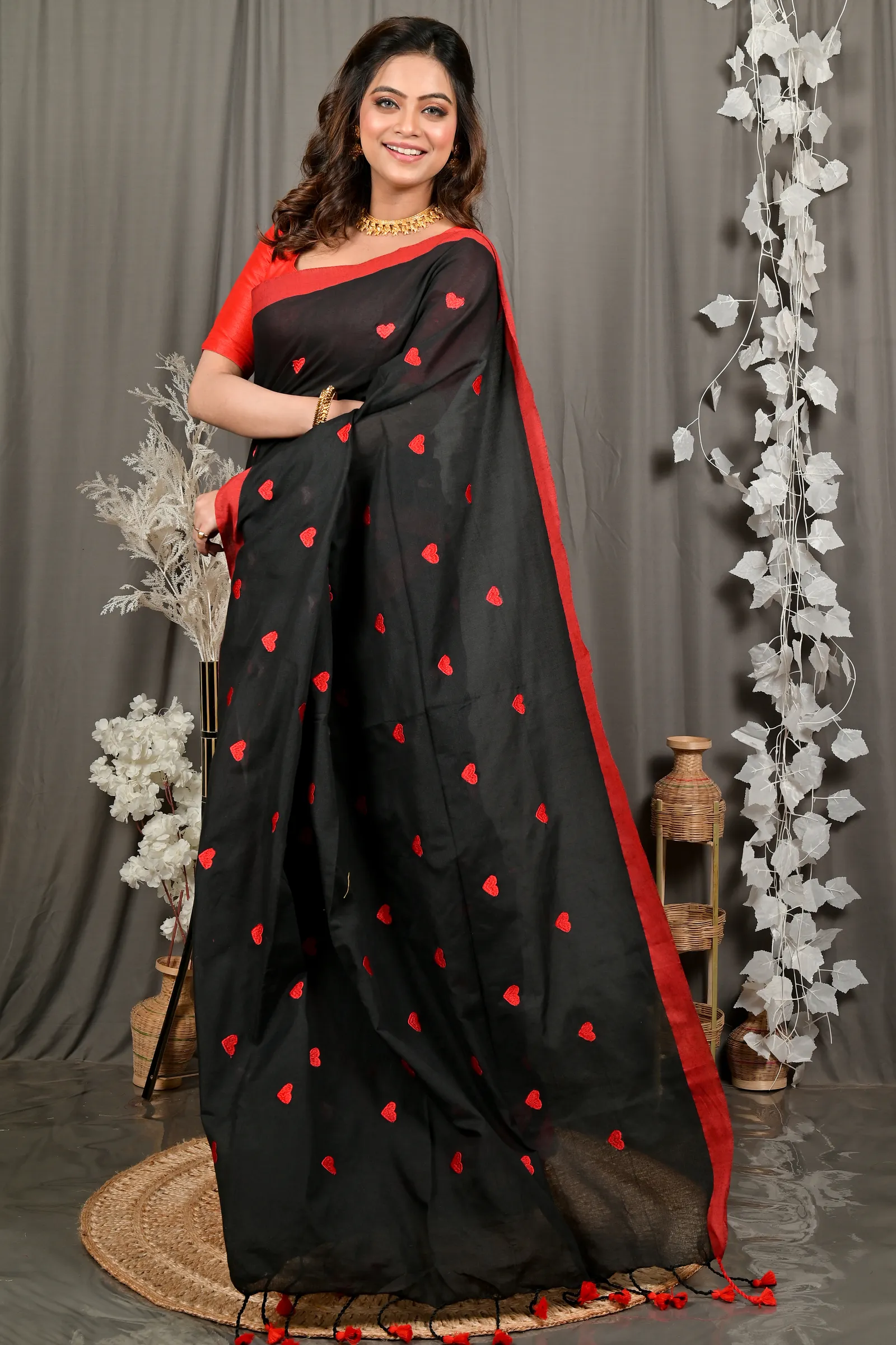 DipDiya Pure Cotton Black Red Dhrli Artisan Woven Embroidery Handloom sarees