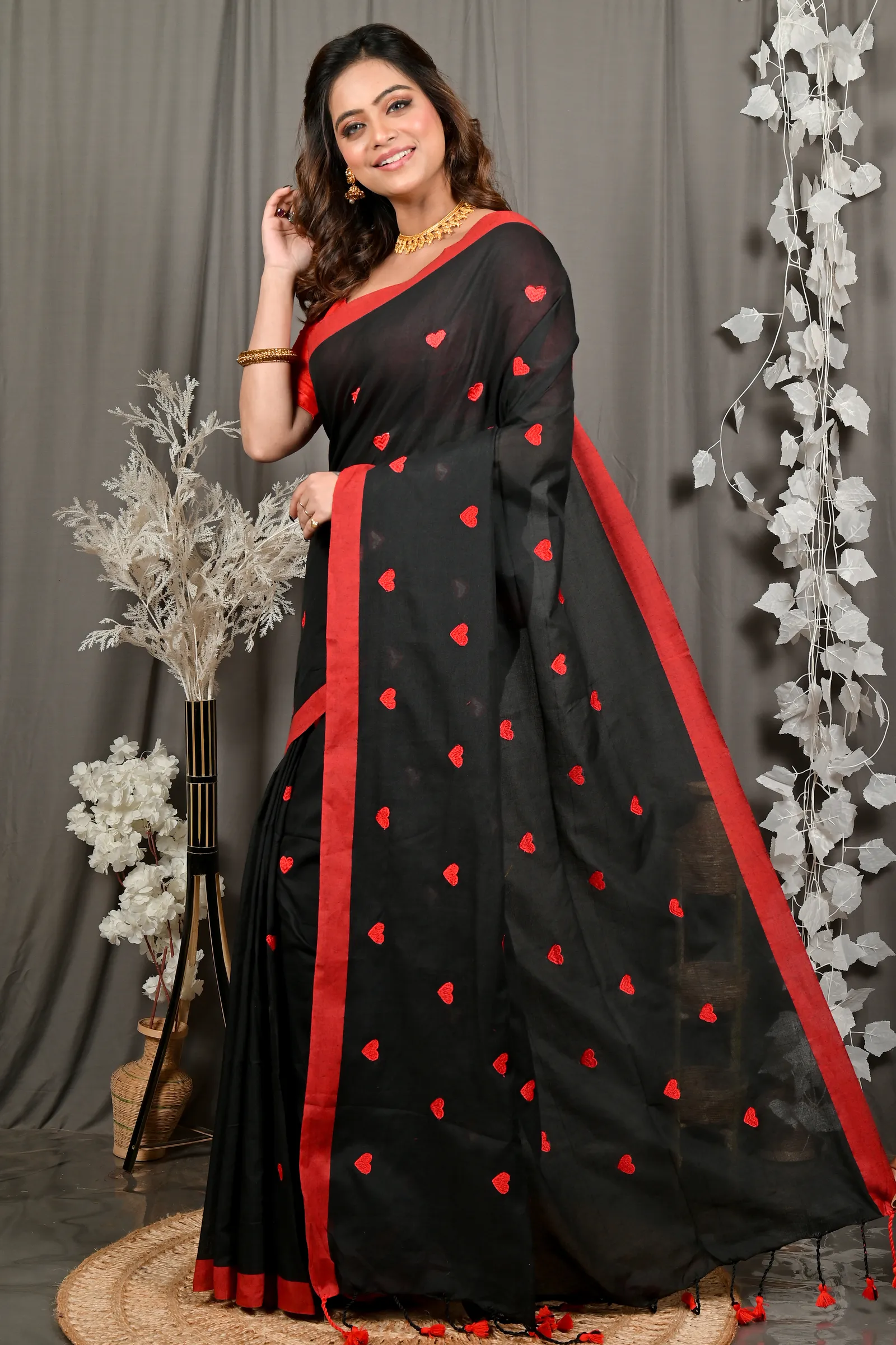 DipDiya Pure Cotton Black Red Dhrli Artisan Woven Embroidery Handloom sarees
