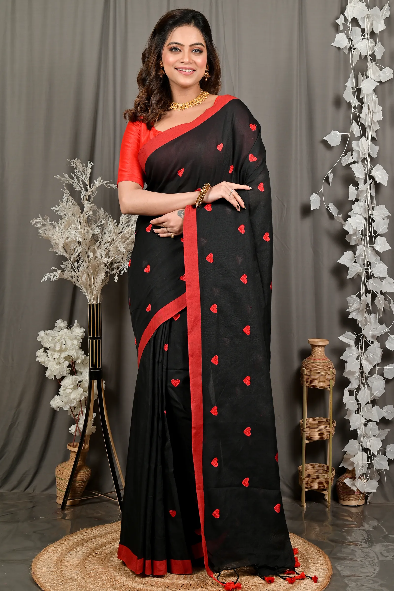 DipDiya Pure Cotton Black Red Dhrli Artisan Woven Embroidery Handloom sarees