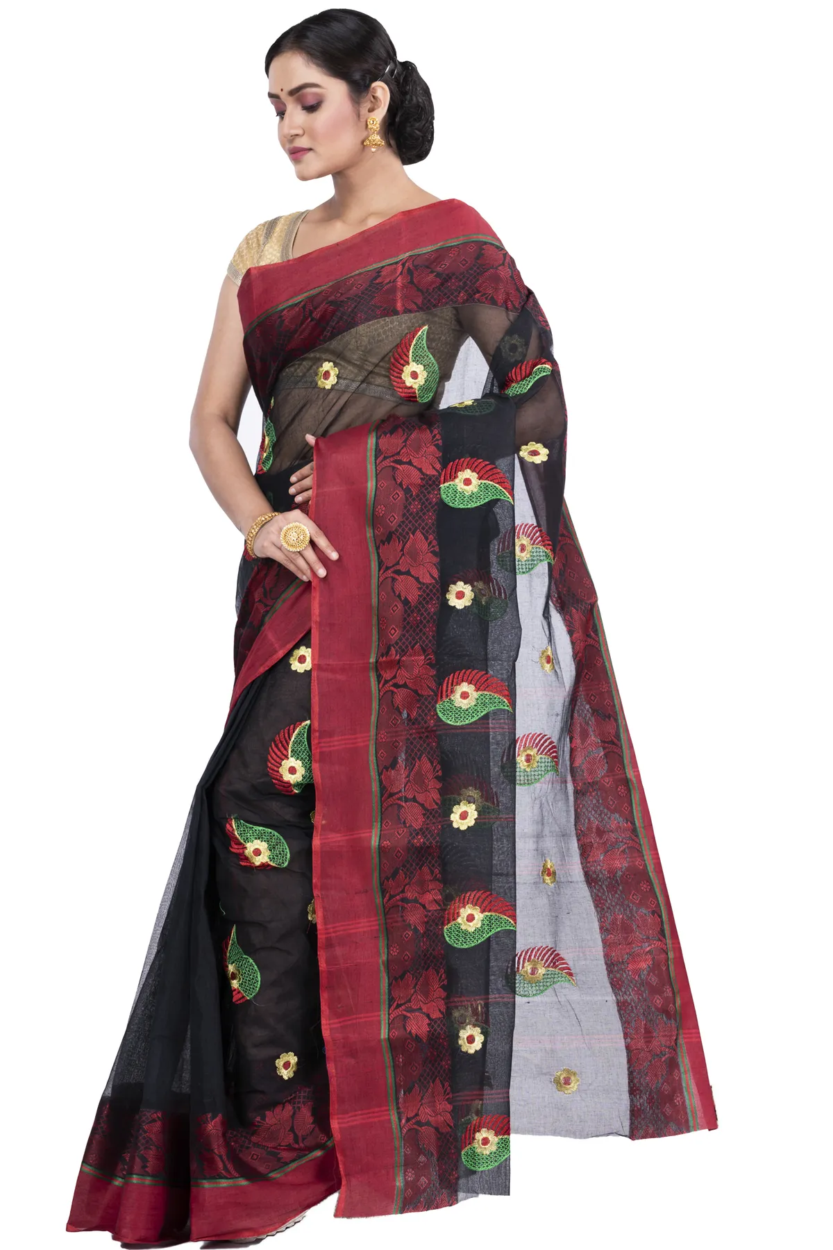 DipDiya Pure Cotton Black Shanko Embro Rooted in Bengal Embroidery Tant Sarees