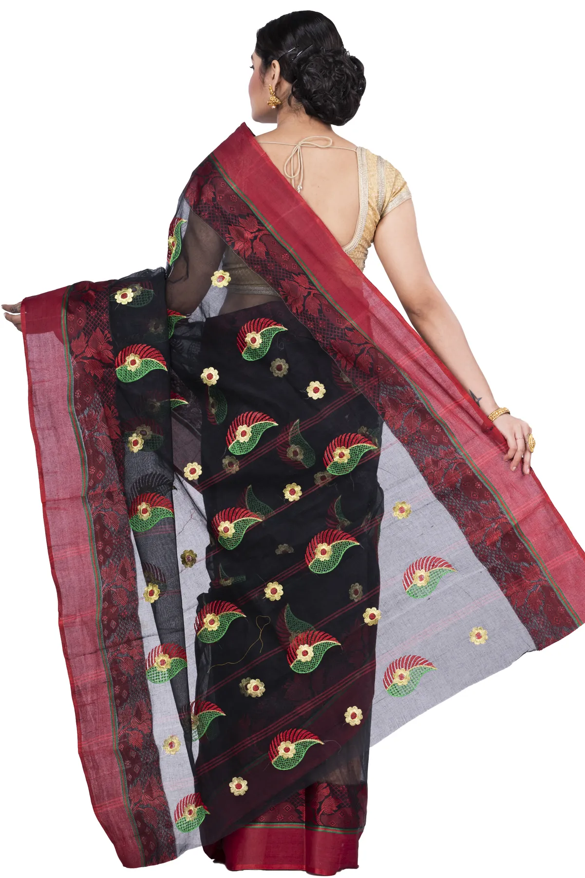 DipDiya Pure Cotton Black Shanko Embro Rooted in Bengal Embroidery Tant Sarees