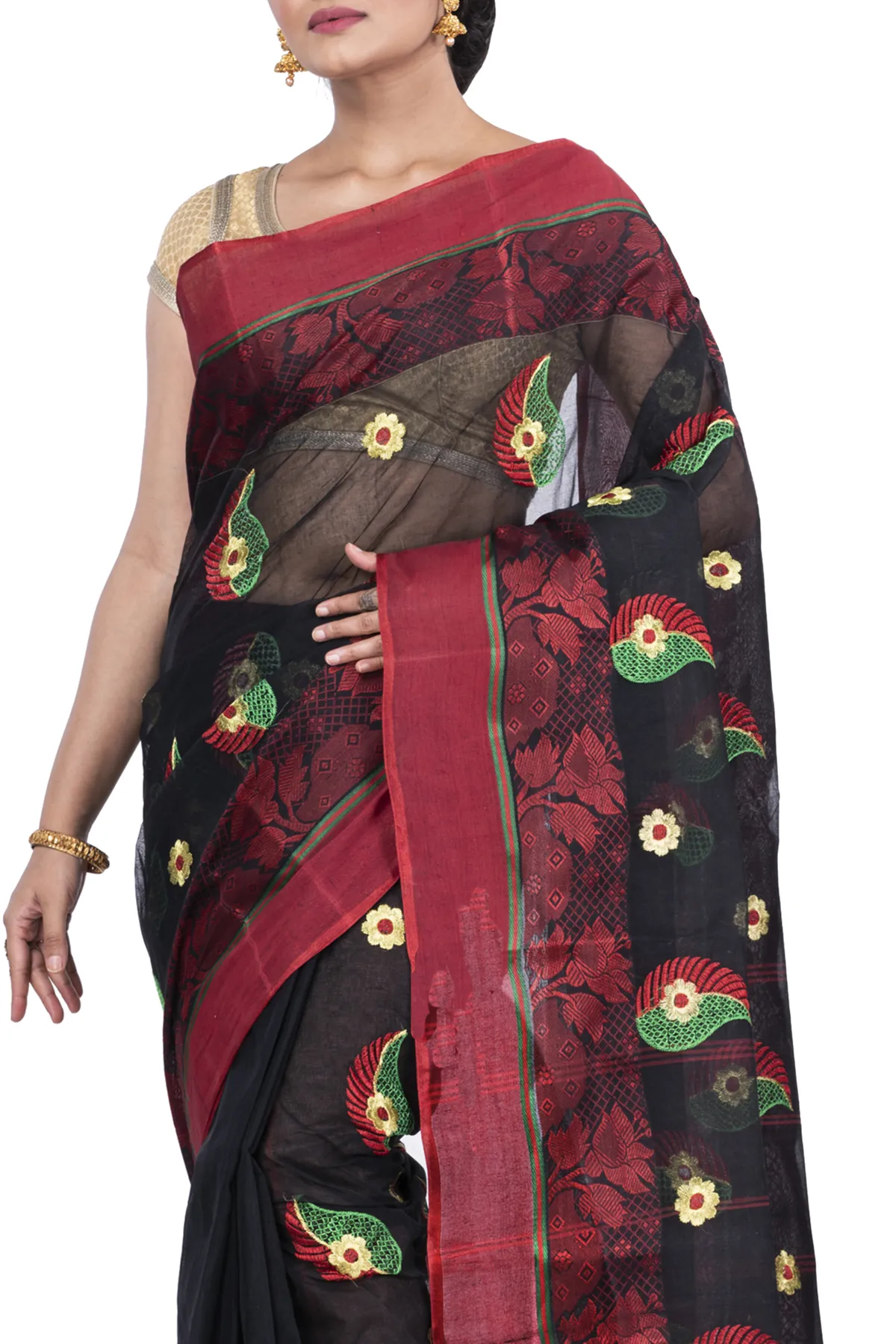 DipDiya Pure Cotton Black Shanko Embro Rooted in Bengal Embroidery Tant Sarees