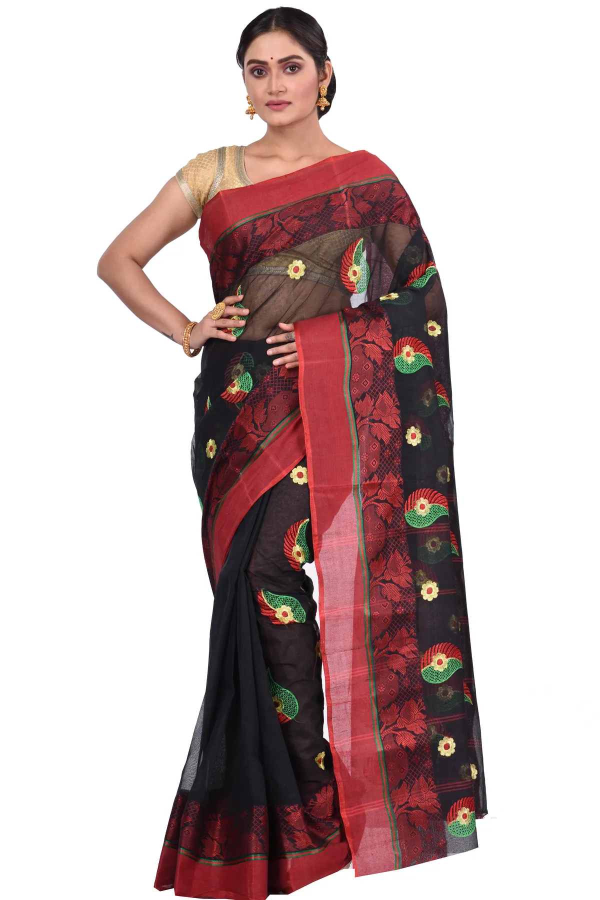 DipDiya Pure Cotton Black Shanko Embro Rooted in Bengal Embroidery Tant Sarees