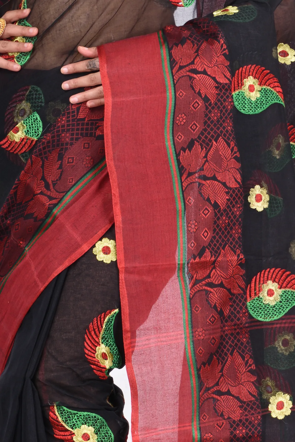 DipDiya Pure Cotton Black Shanko Embro Rooted in Bengal Embroidery Tant Sarees