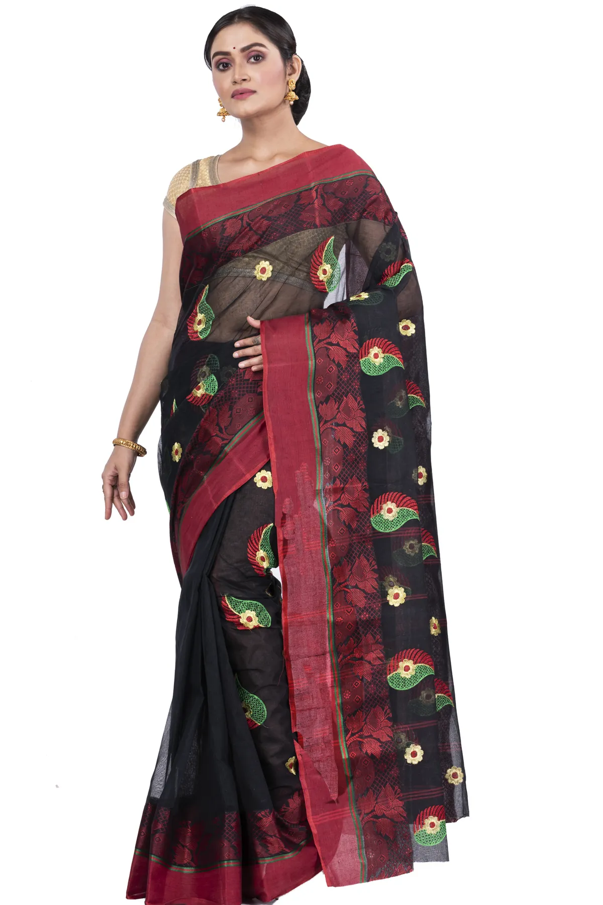 DipDiya Pure Cotton Black Shanko Embro Rooted in Bengal Embroidery Tant Sarees