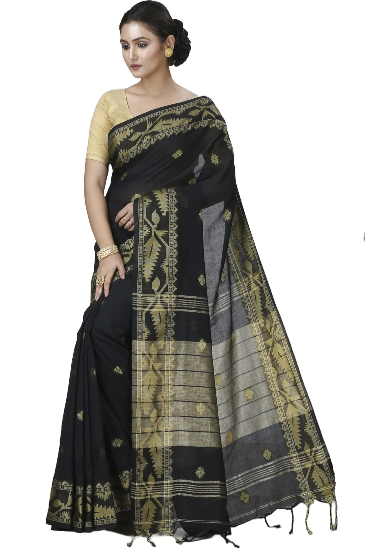 DipDiya Pure Cotton Black Tuma Timeless Elegance Handloom Sarees