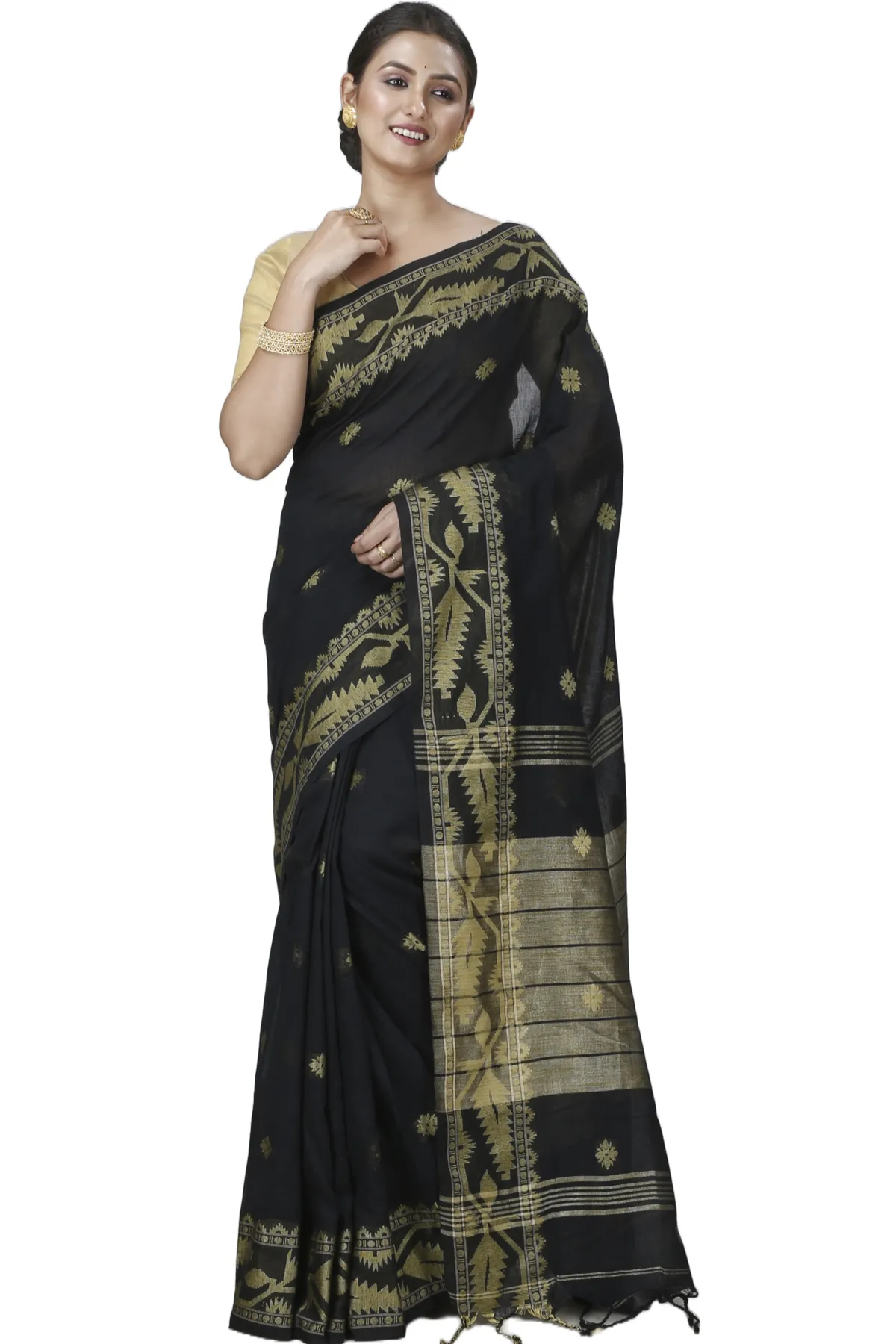 DipDiya Pure Cotton Black Tuma Timeless Elegance Handloom Sarees