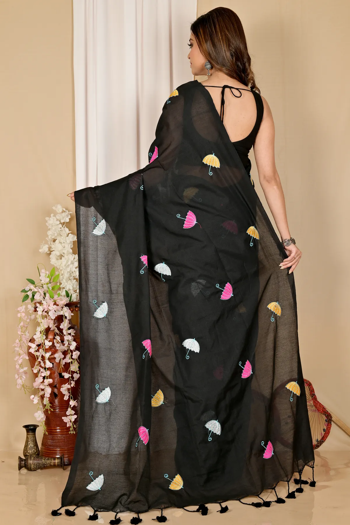 DipDiya Pure Cotton Black Umber Than Woven with Tradition Embroidery Handloom sarees