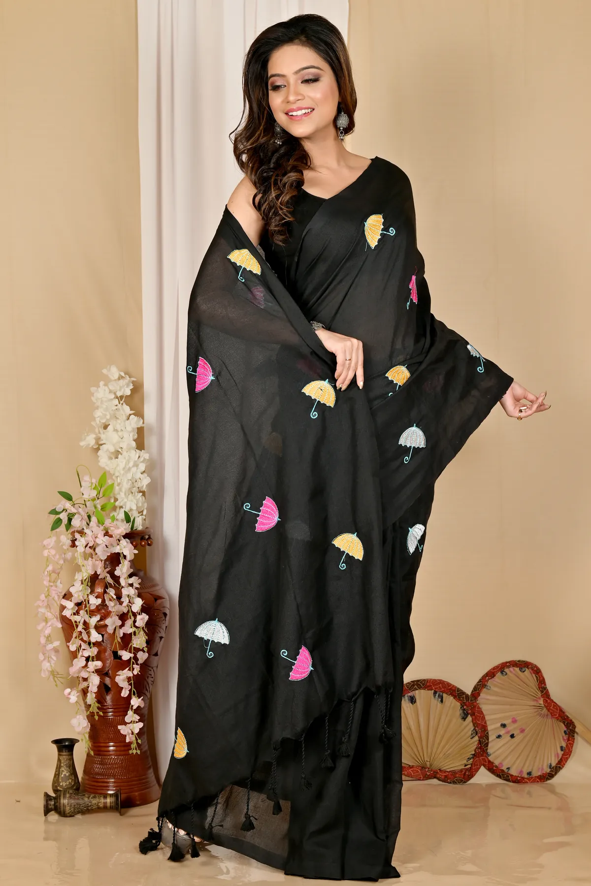 DipDiya Pure Cotton Black Umber Than Woven with Tradition Embroidery Handloom sarees