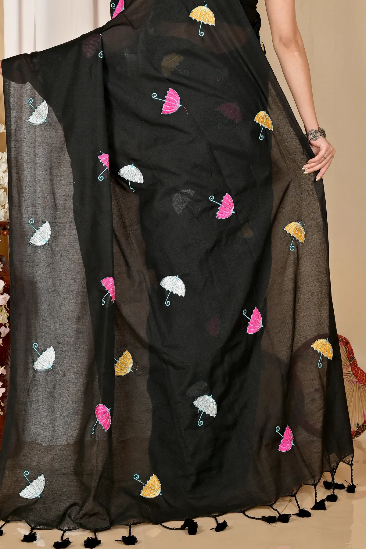 DipDiya Pure Cotton Black Umber Than Woven with Tradition Embroidery Handloom sarees