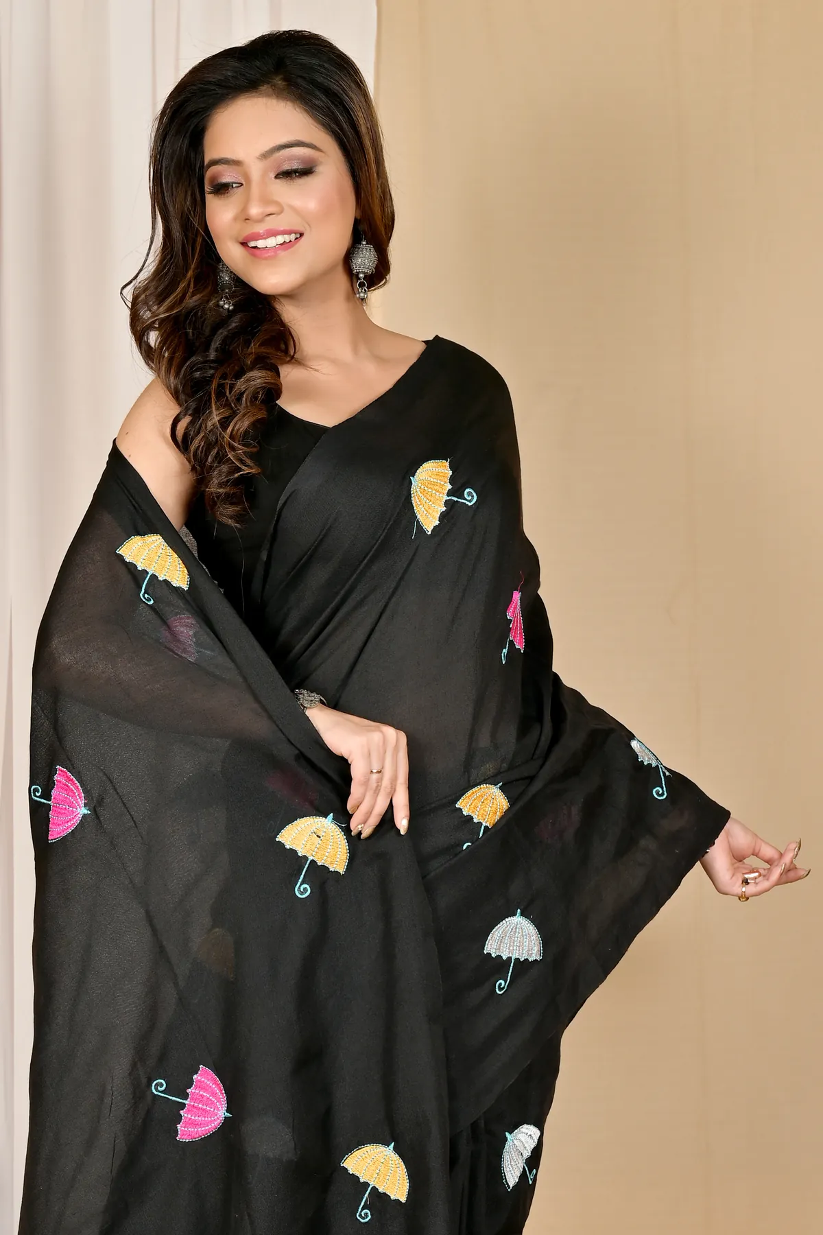 DipDiya Pure Cotton Black Umber Than Woven with Tradition Embroidery Handloom sarees