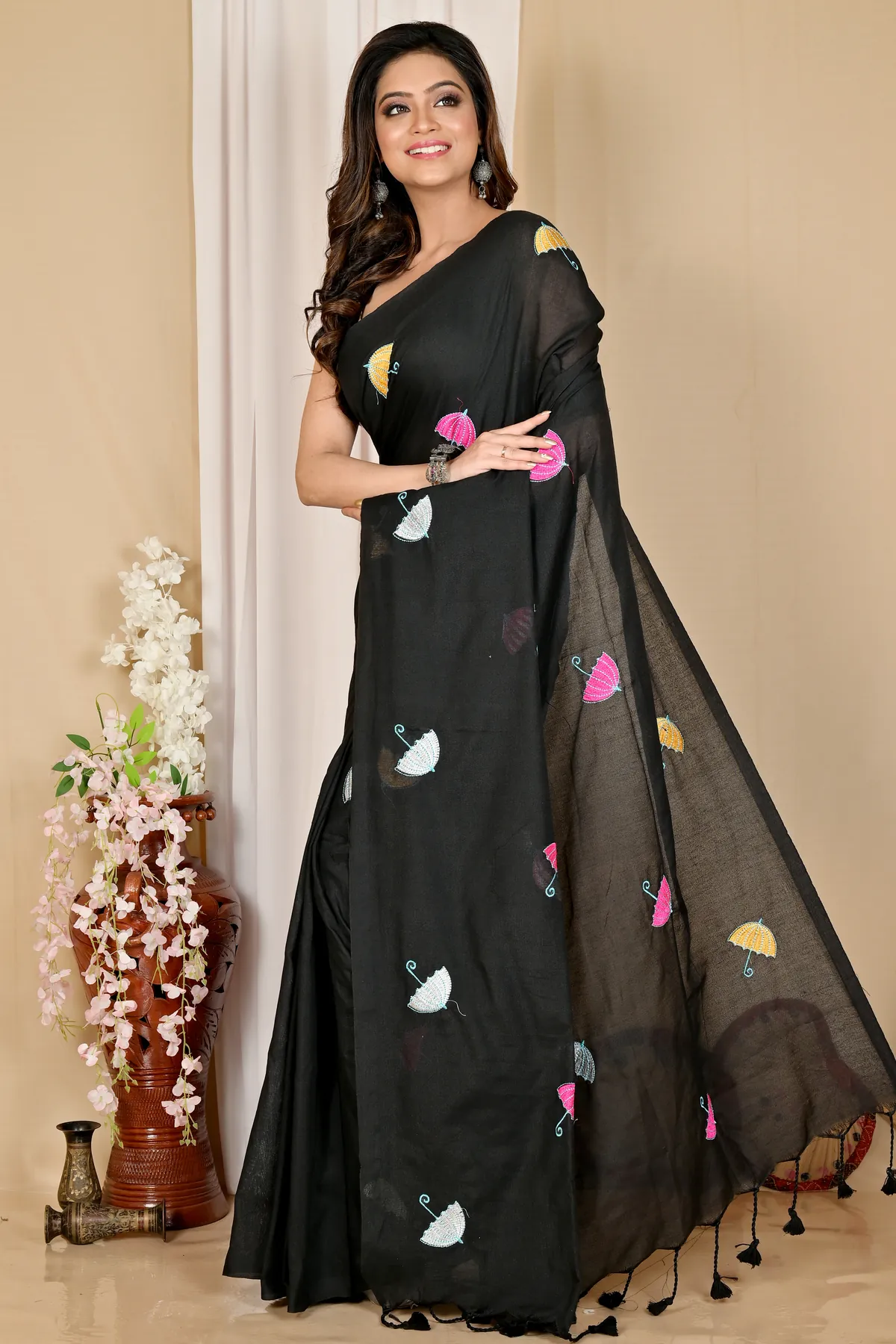 DipDiya Pure Cotton Black Umber Than Woven with Tradition Embroidery Handloom sarees