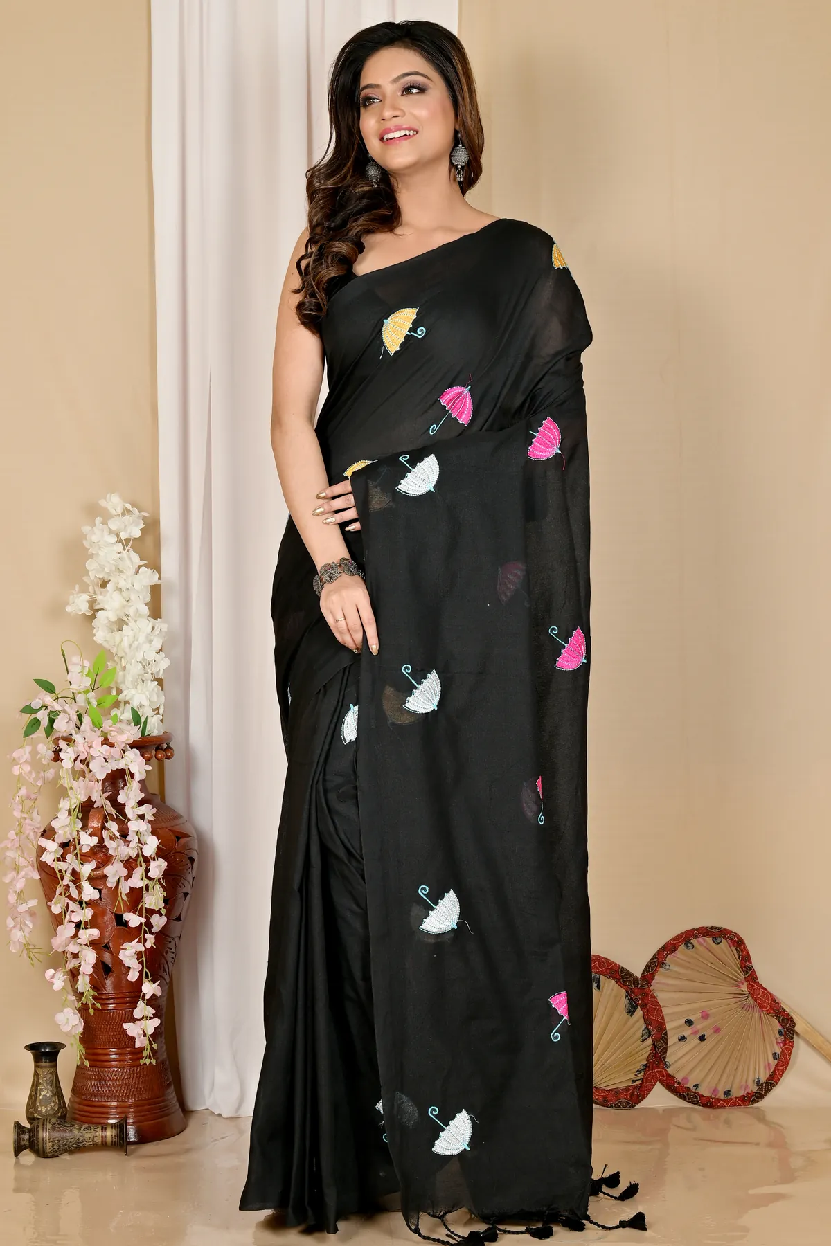 DipDiya Pure Cotton Black Umber Than Woven with Tradition Embroidery Handloom sarees