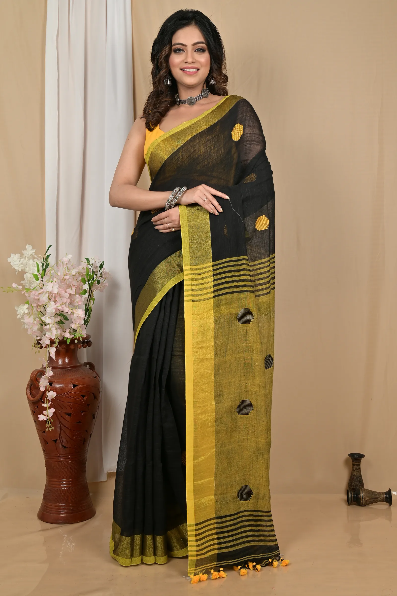 DipDiya Pure Cotton Black Yellow Achkol Weaves with a Story Handloom Sarees