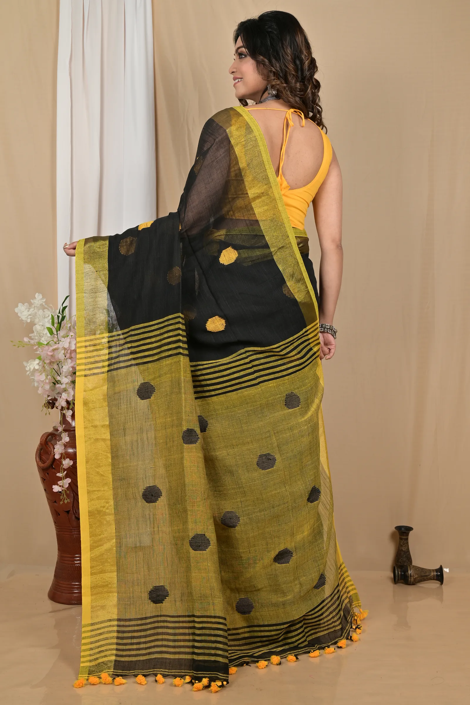 DipDiya Pure Cotton Black Yellow Achkol Weaves with a Story Handloom Sarees
