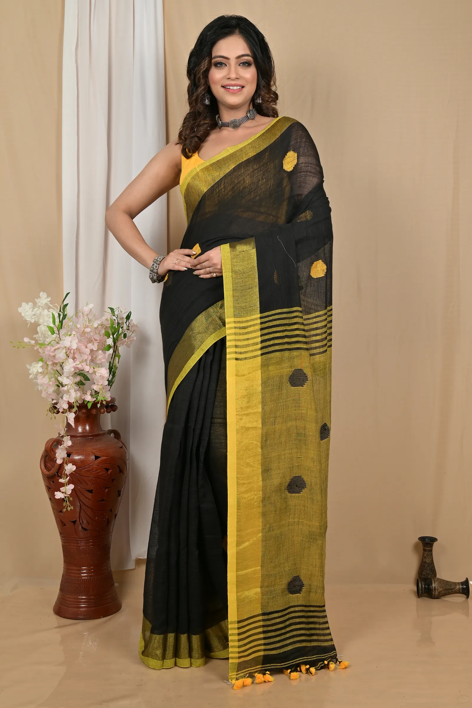 DipDiya Pure Cotton Black Yellow Achkol Weaves with a Story Handloom Sarees