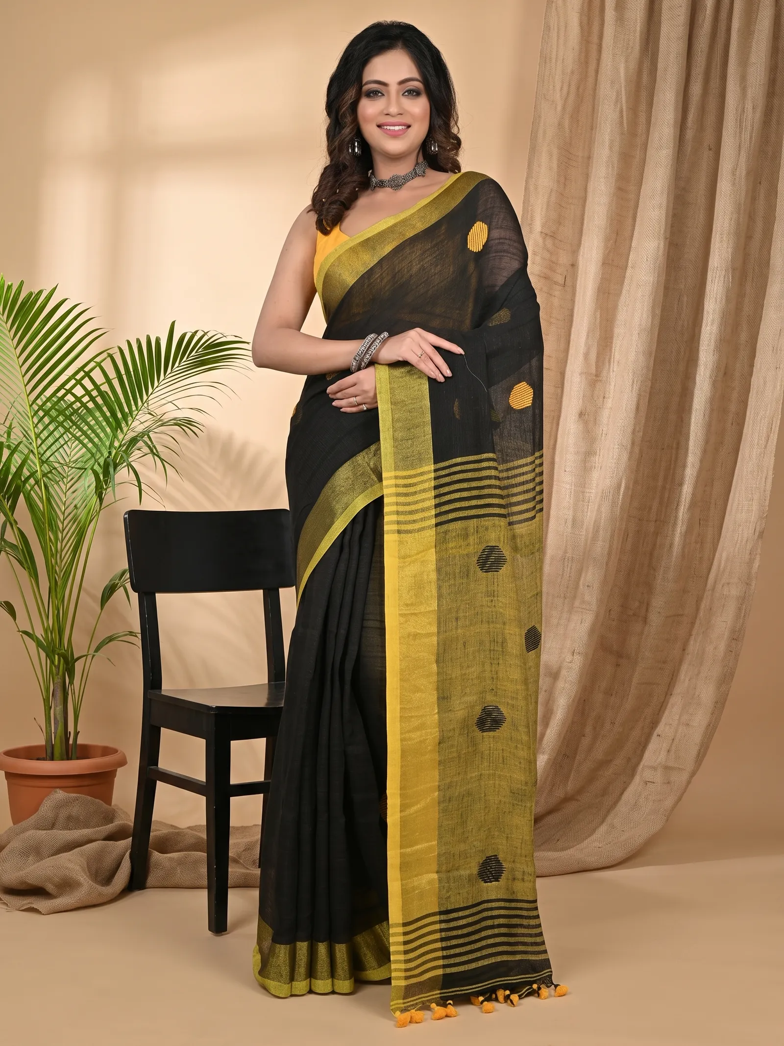 DipDiya Pure Cotton Black Yellow Achkol Weaves with a Story Handloom Sarees