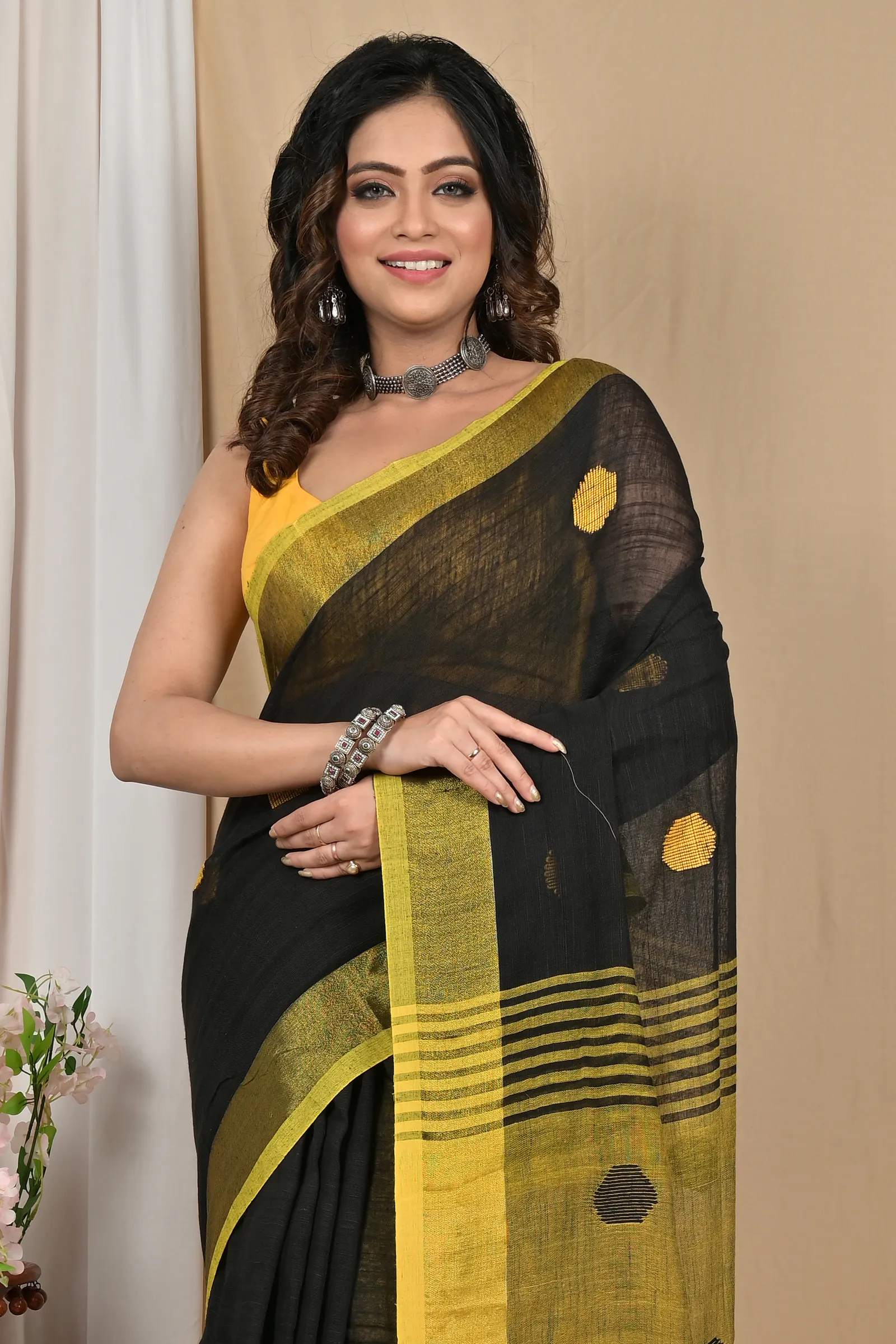 DipDiya Pure Cotton Black Yellow Achkol Weaves with a Story Handloom Sarees