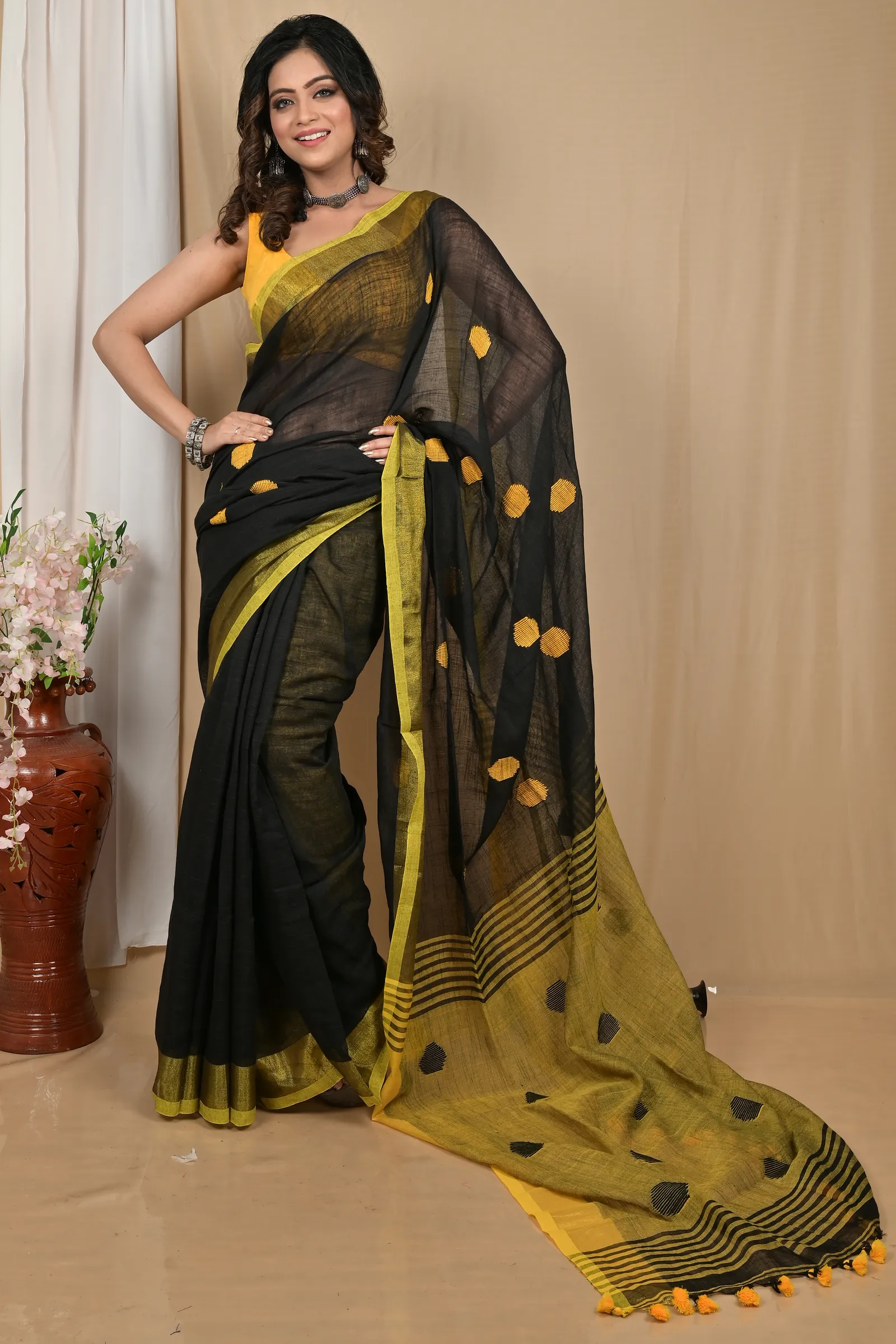 DipDiya Pure Cotton Black Yellow Achkol Weaves with a Story Handloom Sarees