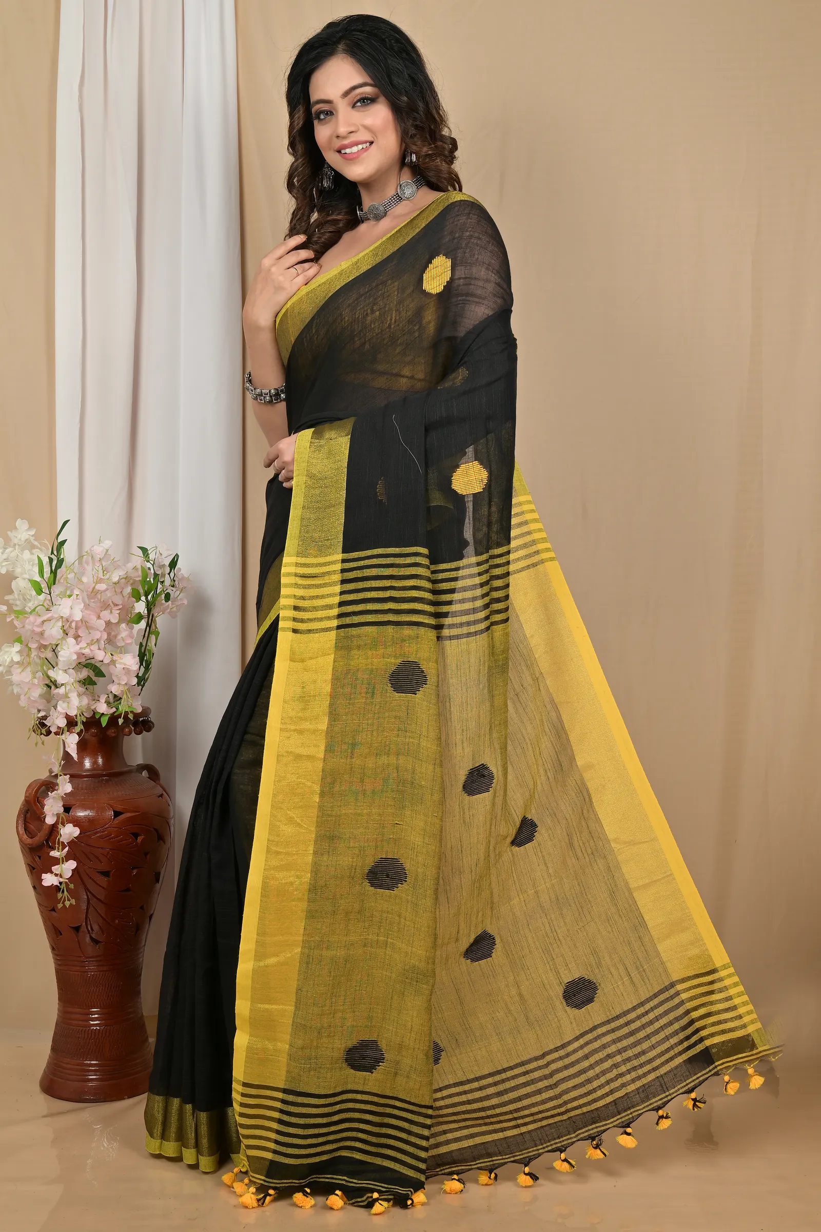 DipDiya Pure Cotton Black Yellow Achkol Weaves with a Story Handloom Sarees
