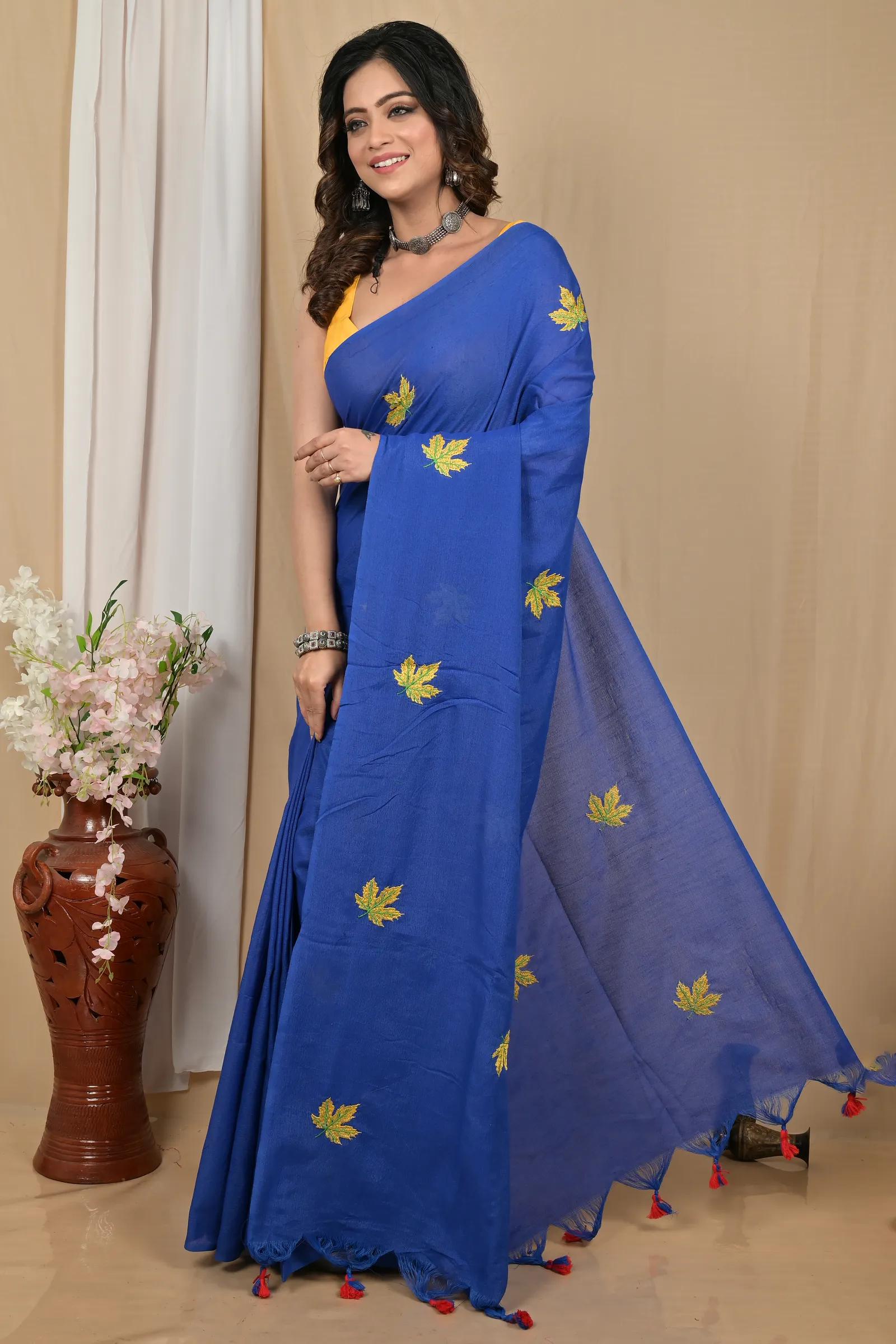 DipDiya Pure Cotton Blue Achrun Heritage of Bengal Embroidery Handloom sarees