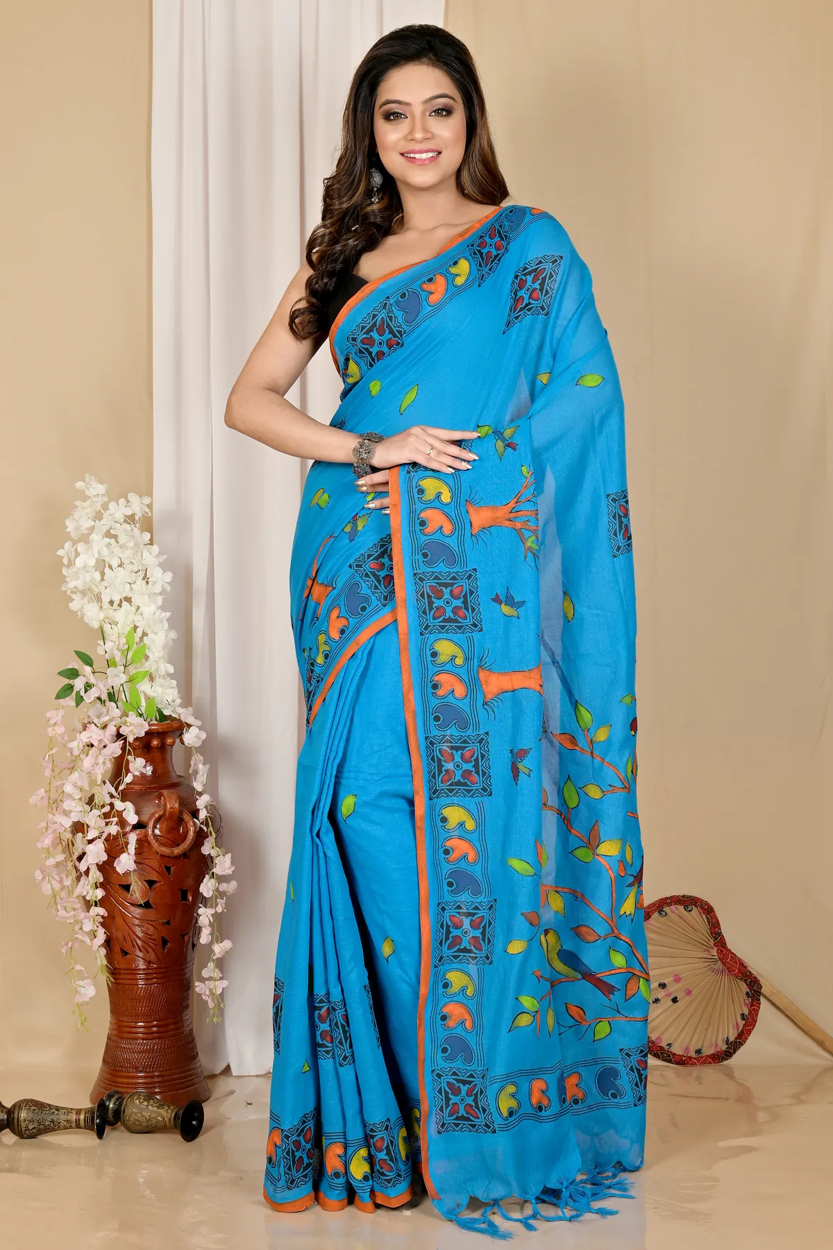 DipDiya Pure Cotton Blue Asu Bengali Heritage Handloom Sarees