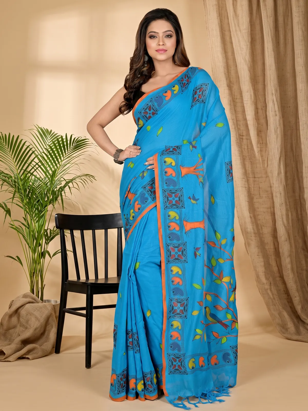 DipDiya Pure Cotton Blue Asu Bengali Heritage Handloom Sarees