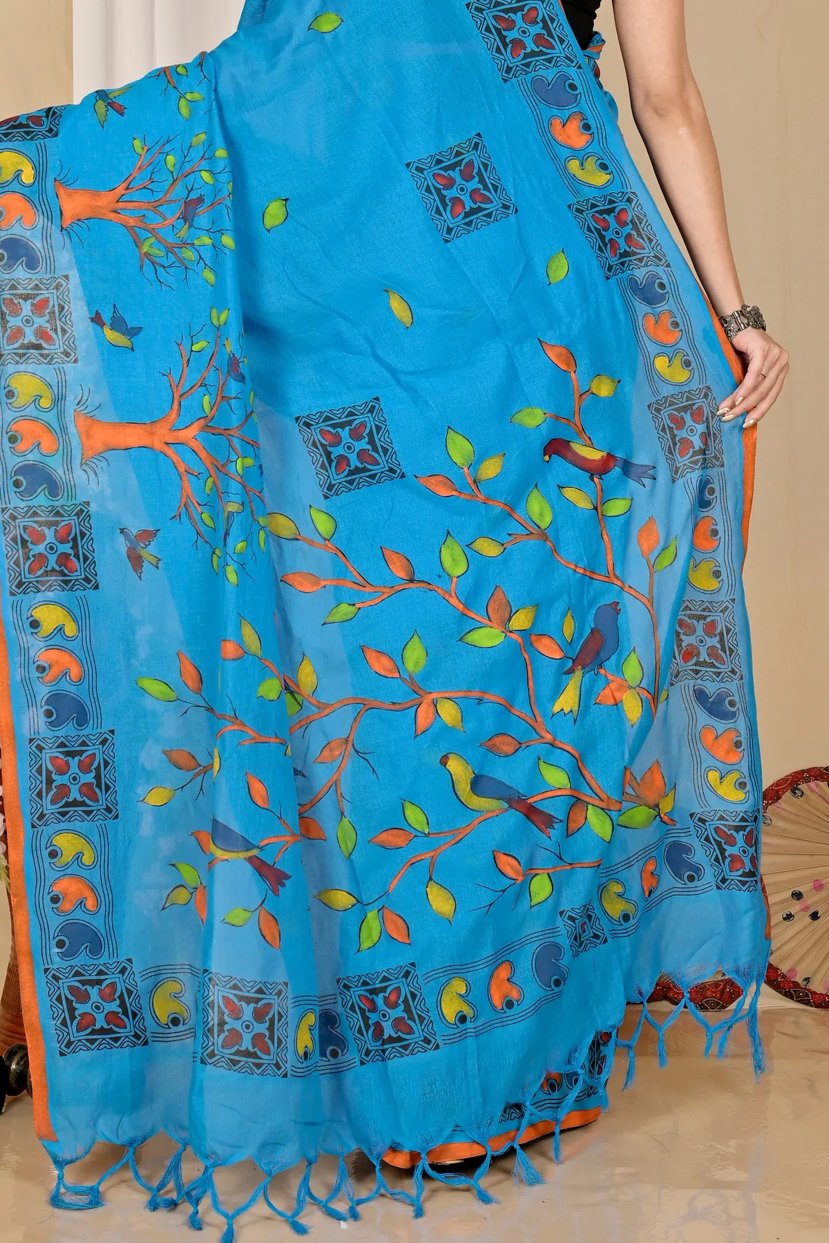 DipDiya Pure Cotton Blue Asu Bengali Heritage Handloom Sarees