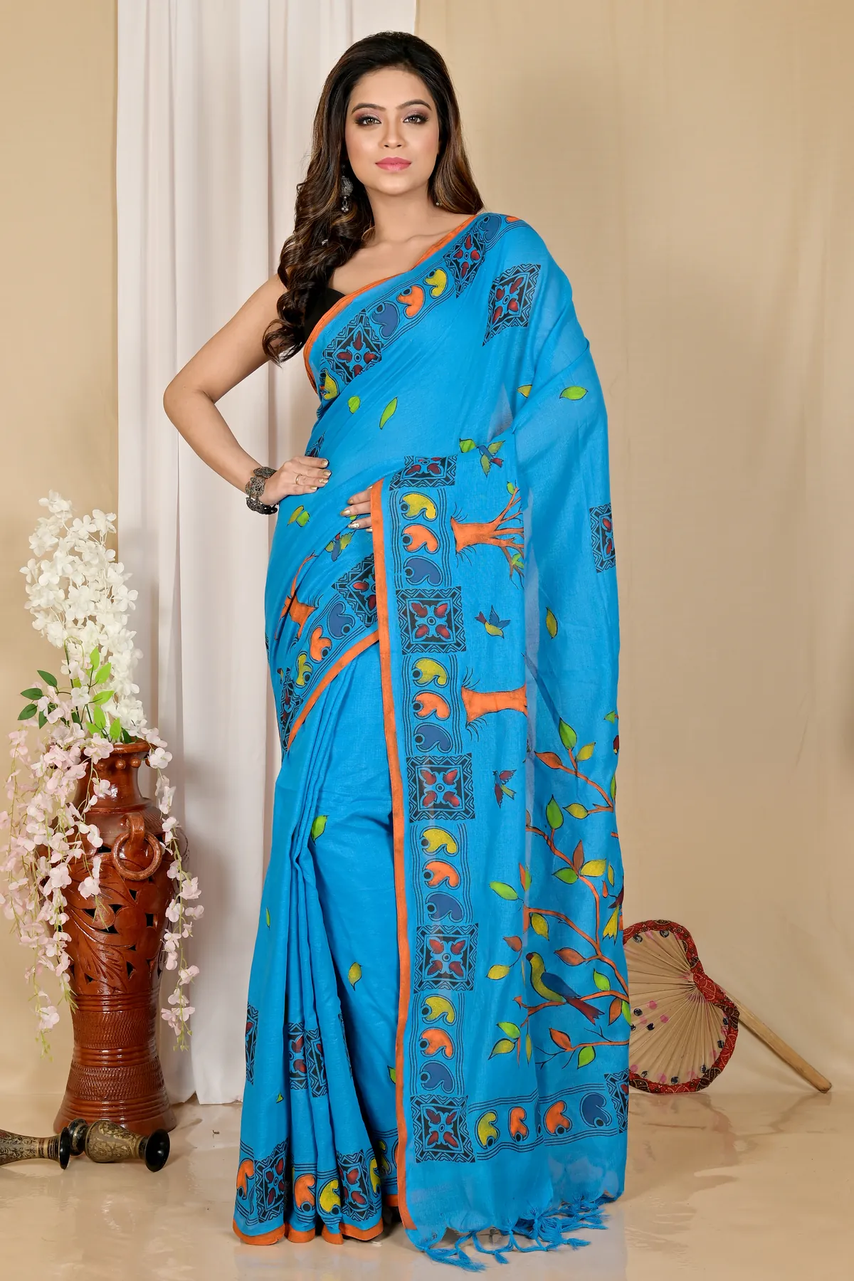 DipDiya Pure Cotton Blue Asu Bengali Heritage Handloom Sarees