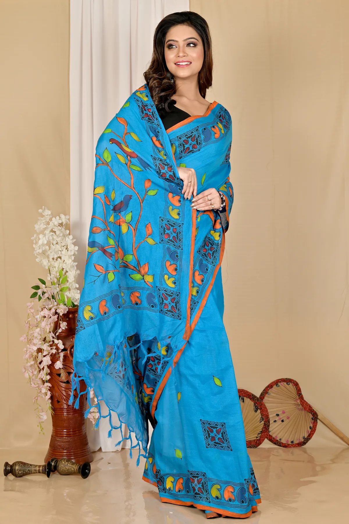 DipDiya Pure Cotton Blue Asu Bengali Heritage Handloom Sarees